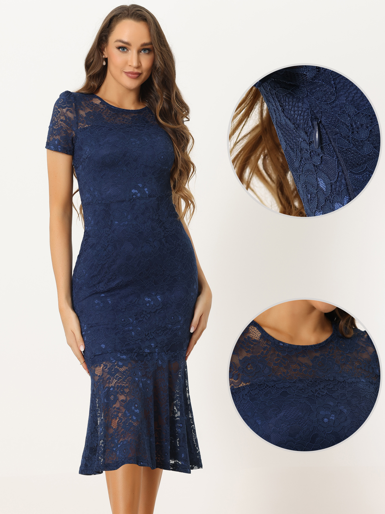 Lace Short Sleeve Cocktail Party Mermaid Bodycon Dress Dark Blue/S