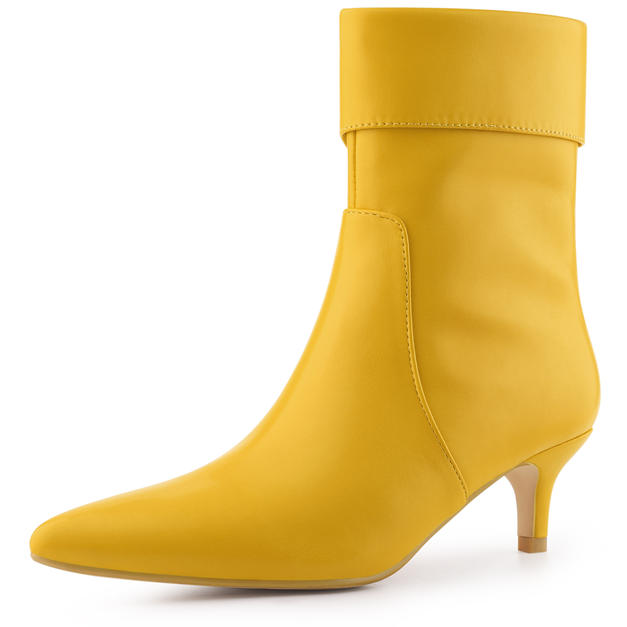 Faux Leather Fold Over Kitten Heel Zipper Ankle Boot Yellow/7