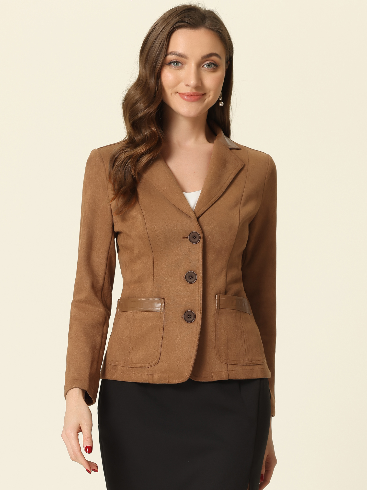 Faux Suede Lapel Collar Cowgirl 2 Button Blazer Jacket Light Brown/L
