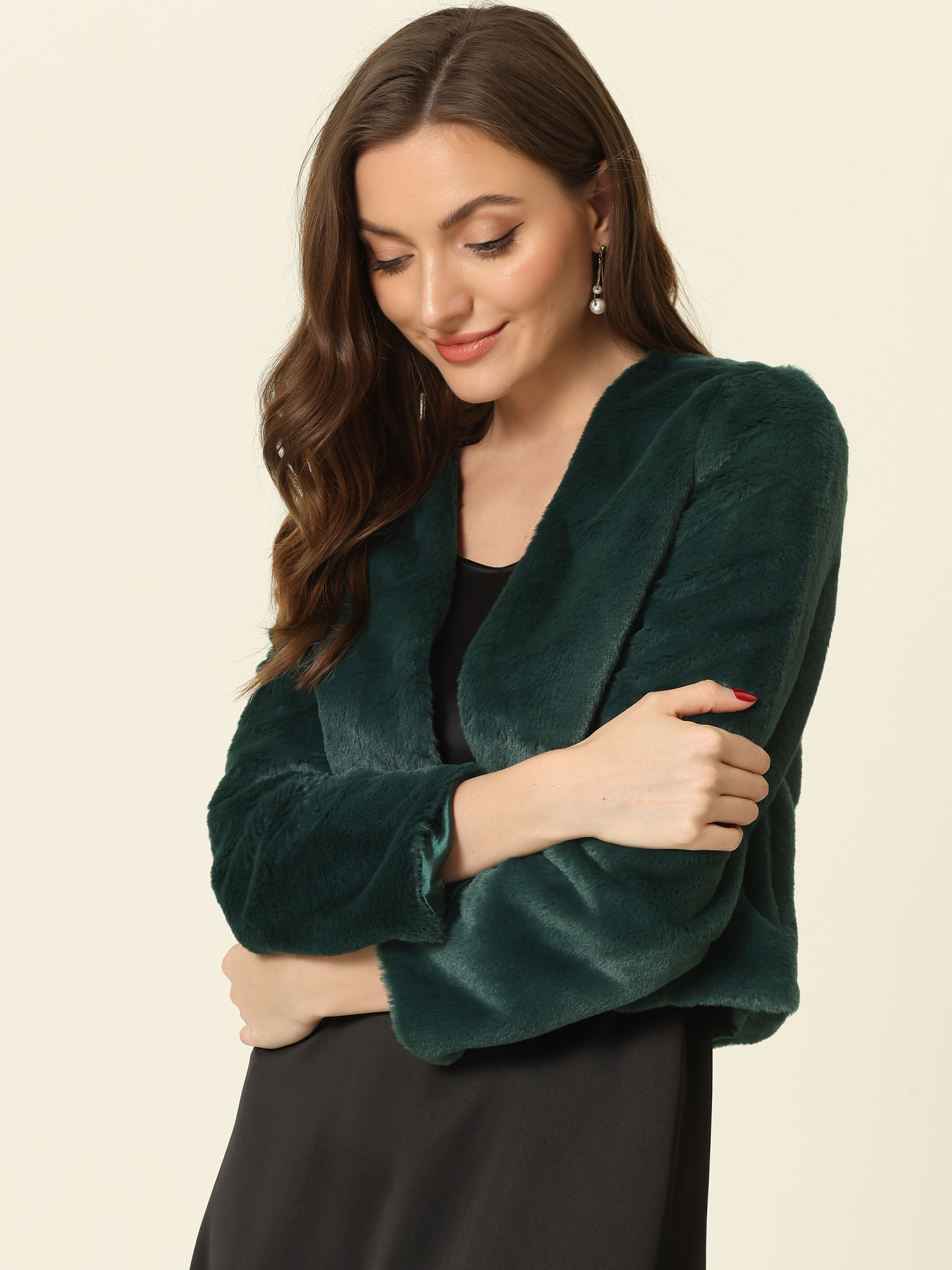 Faux Fur Long Sleeve Open Front Bolero Winter Coat Cropped Jacket Dark Green/XS