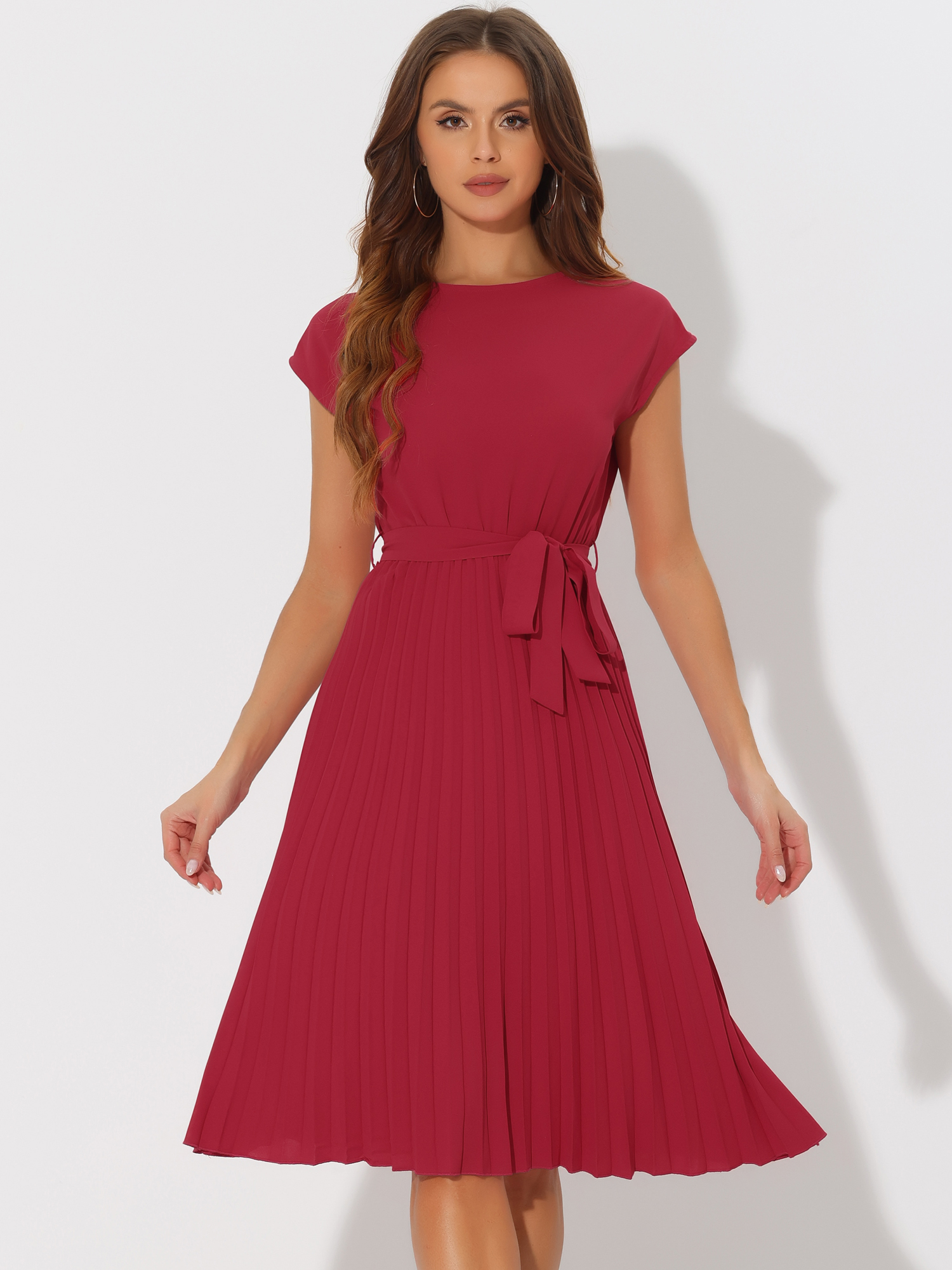 Crew Neck Sleeveless Tie Waist A-Line Pleated Dress Red/S