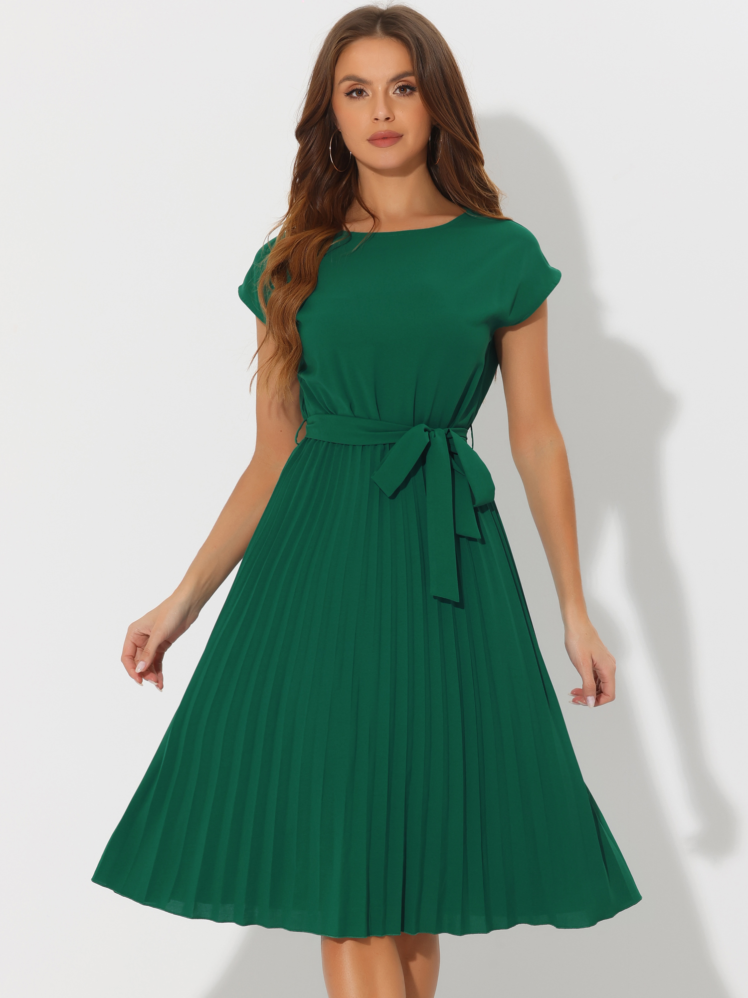 Crew Neck Sleeveless Tie Waist A-Line Pleated Dress Green/XS