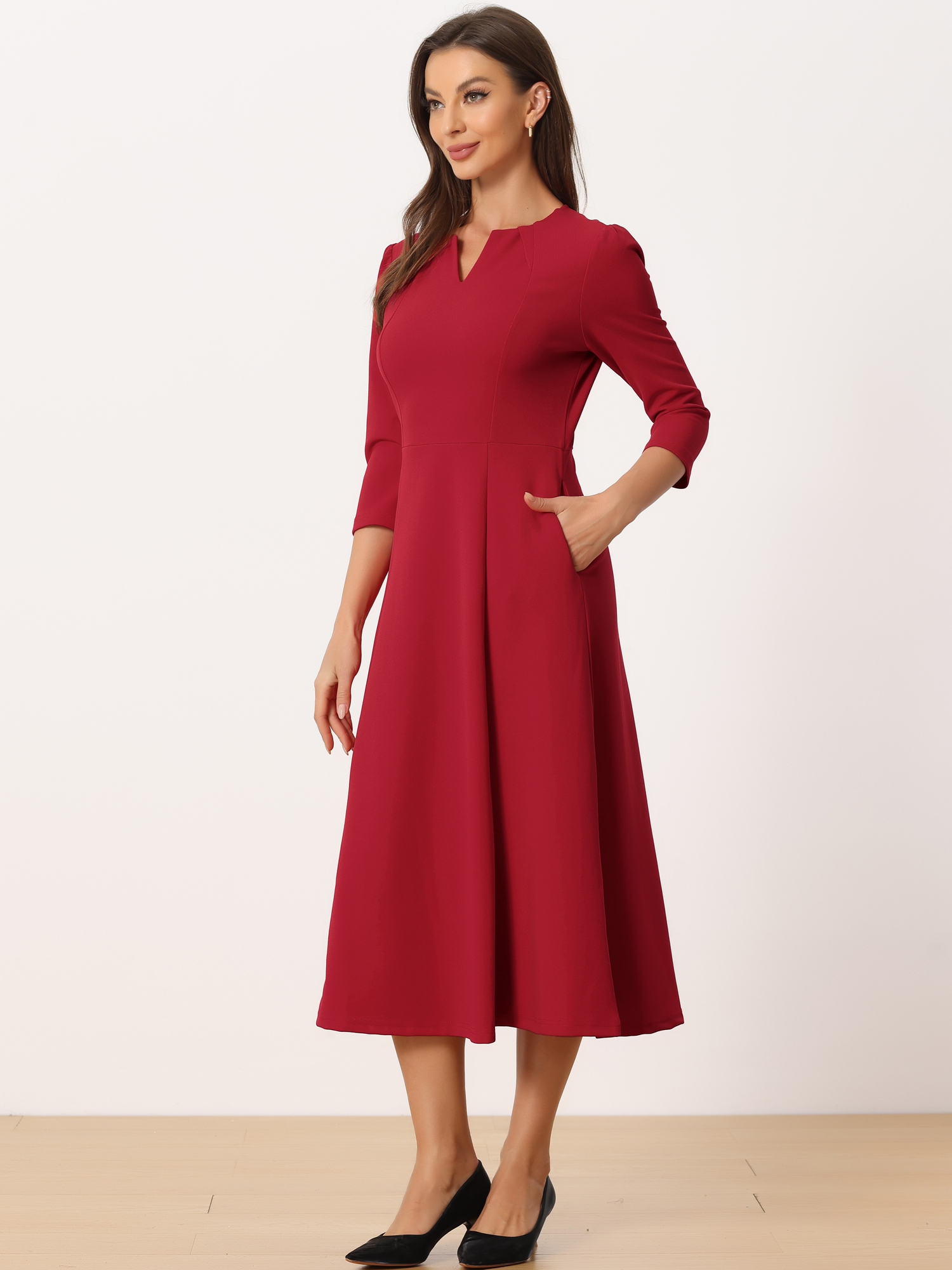 Notch Neck Pocketed 3/4 Sleeve Solid A-Line Work Dress Red/XS