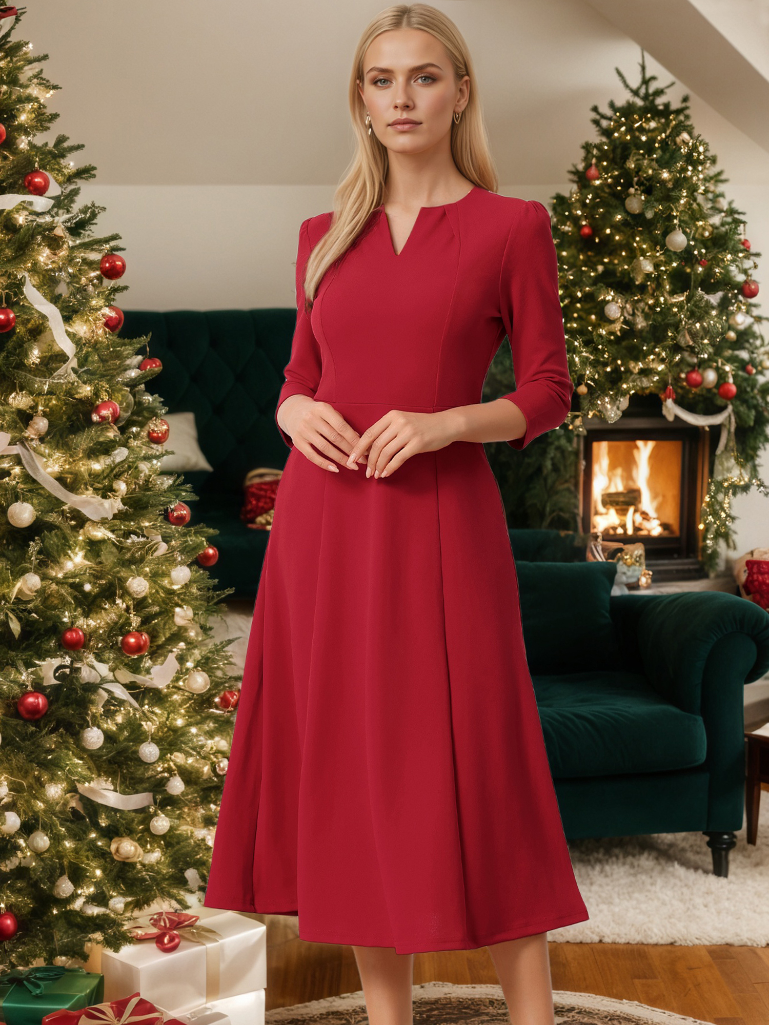 Notch Neck Pocketed 3/4 Sleeve Solid A-Line Work Dress Red/XL