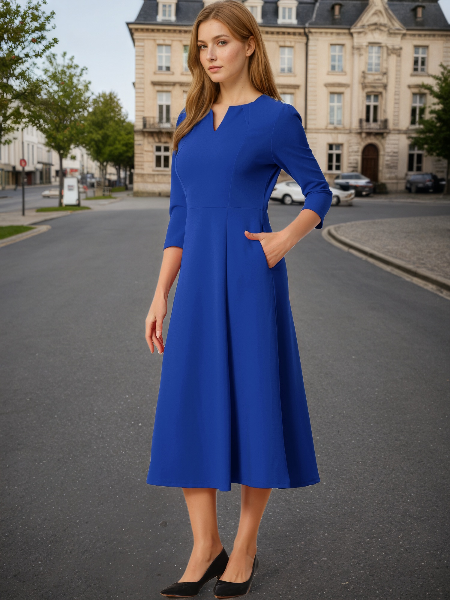 Notch Neck Pocketed 3/4 Sleeve Solid A-Line Work Dress Royal Blue/L