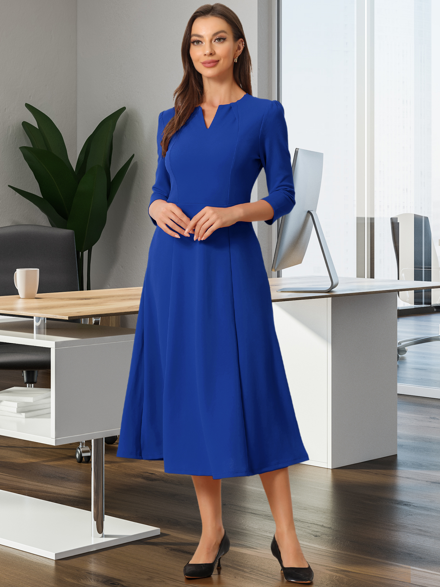 Notch Neck Pocketed 3/4 Sleeve Solid A-Line Work Dress Royal Blue/L