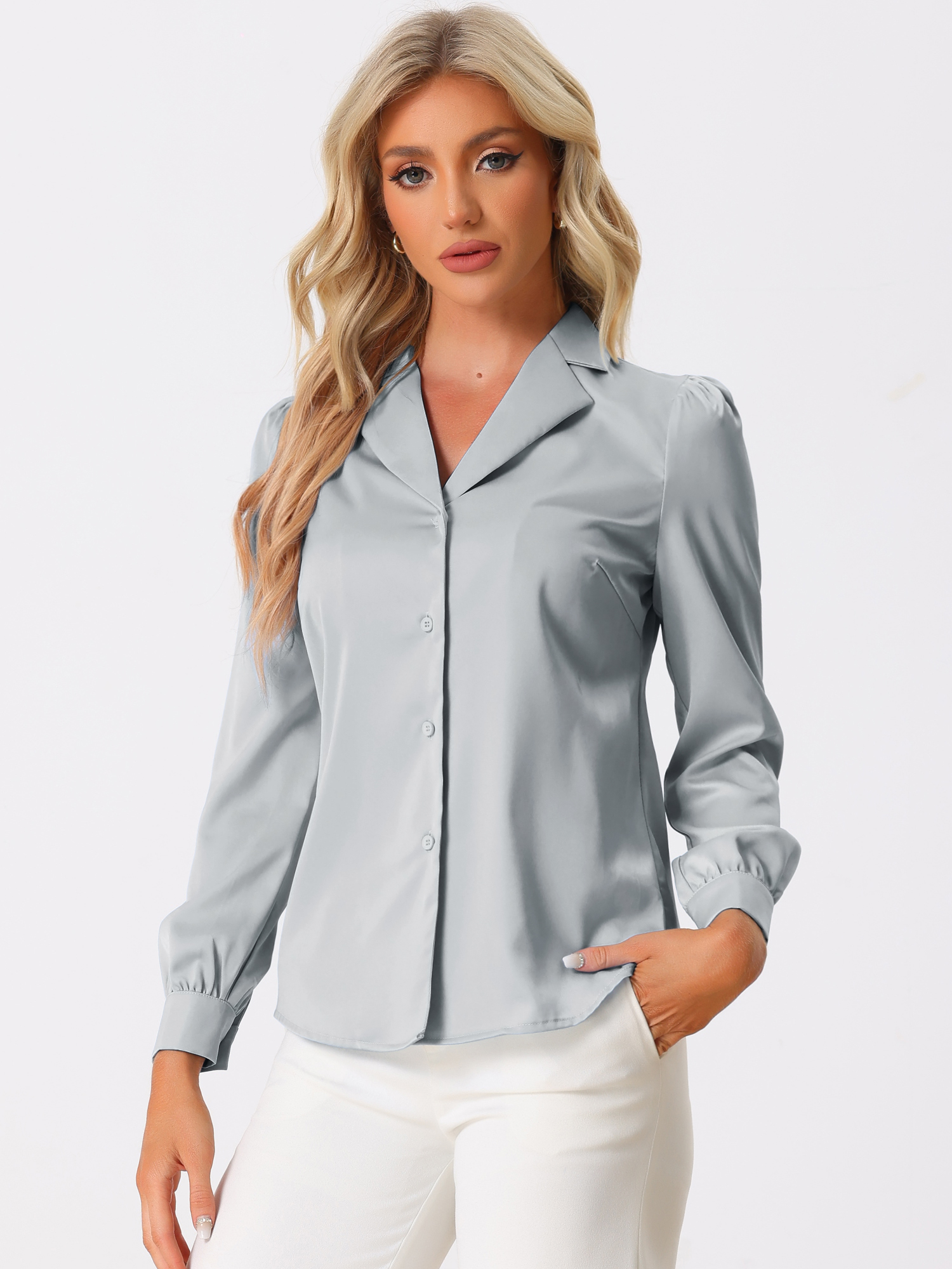 Elegant Collar Blouse Long Sleeve Work Office Satin Button Down Shirt Light Gray/S