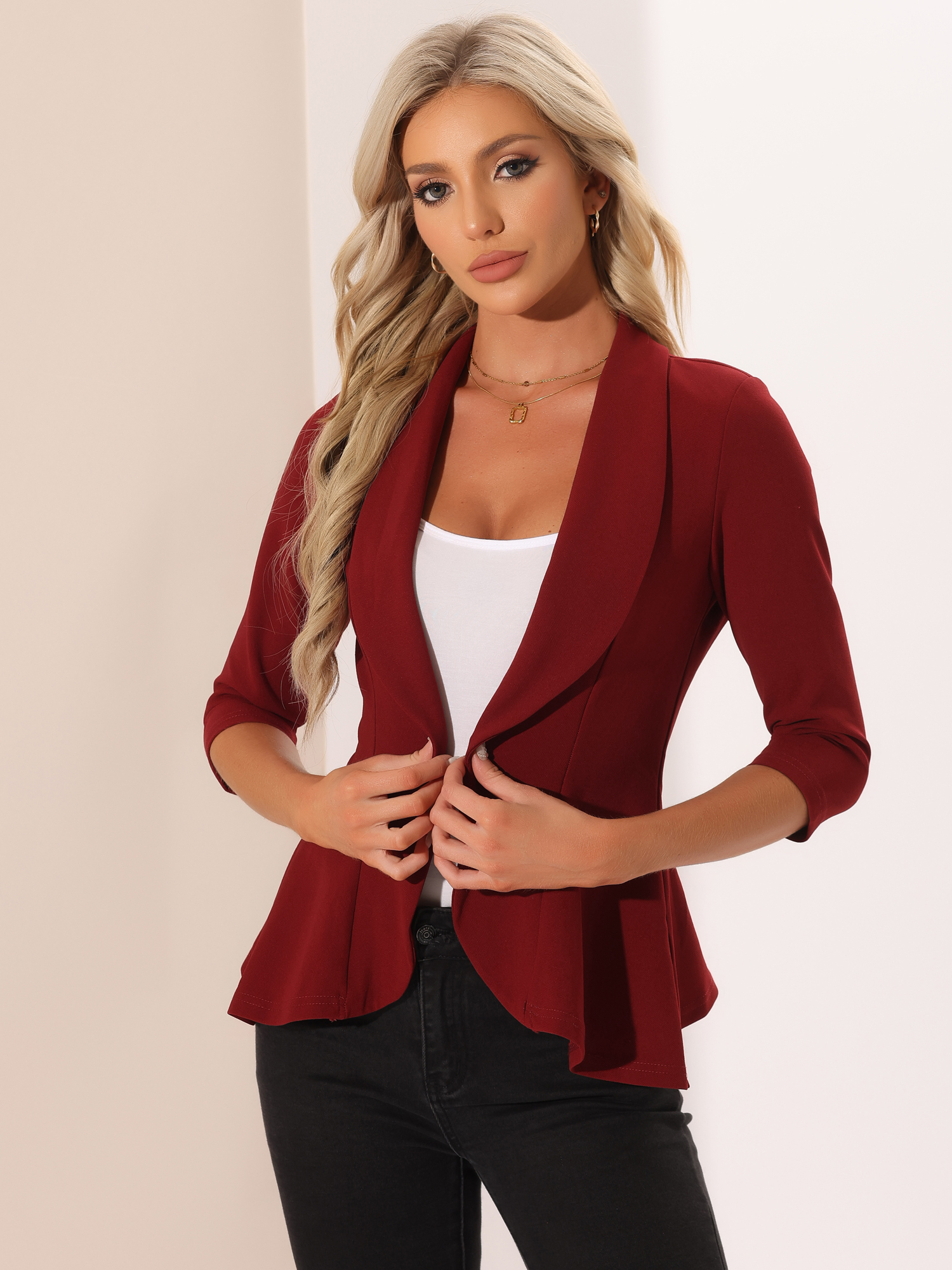 Draped Collar 3/4 Sleeve Ruffle Classic Open Front Jacket Blazer Red/S