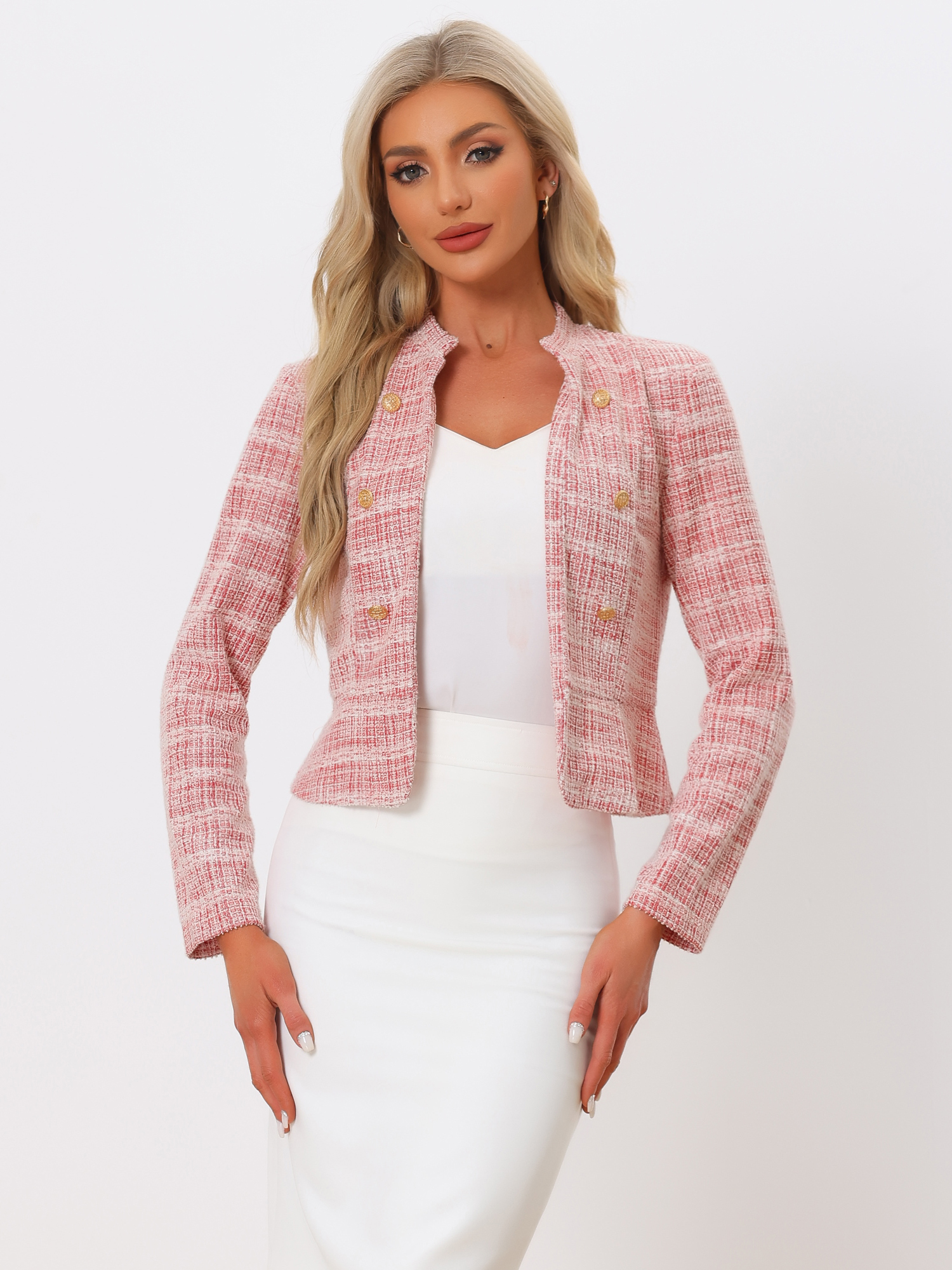 Vintage Tweed Plaid Slim Fit Work Office Cropped Jacket Red/M