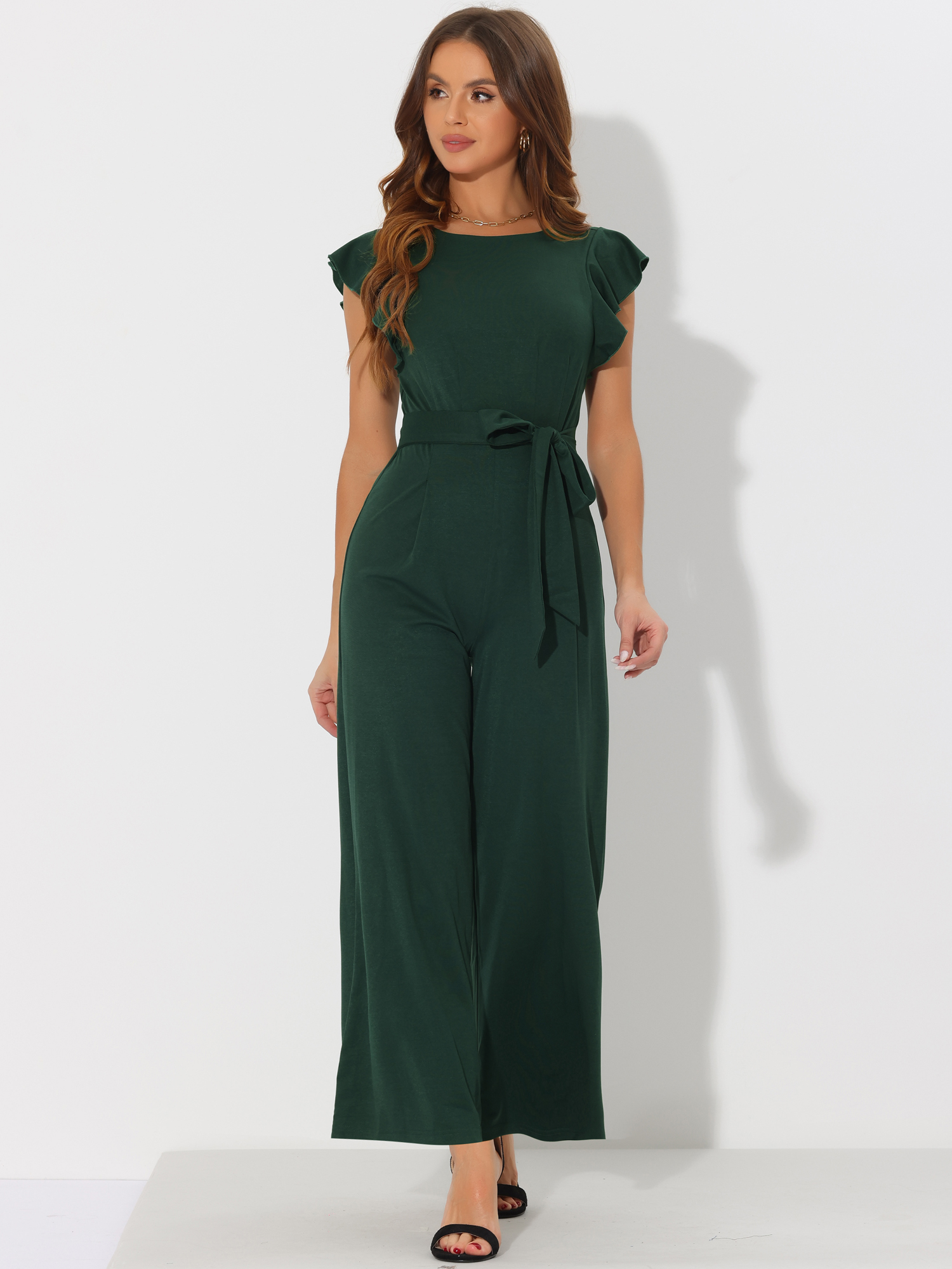 Ruffle Short Sleeves High Waist Wide Legs Belted Jumpsuits Dark Green/L