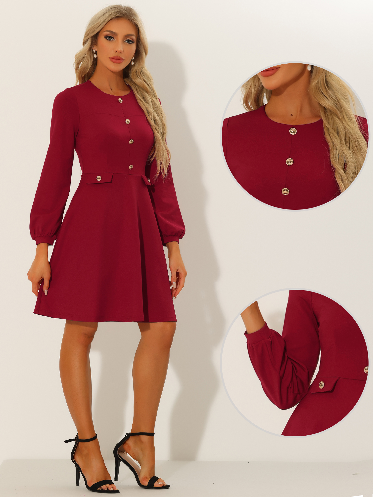 Crew Neck Office Contrast Button Decor Long Sleeve Dress Red/L