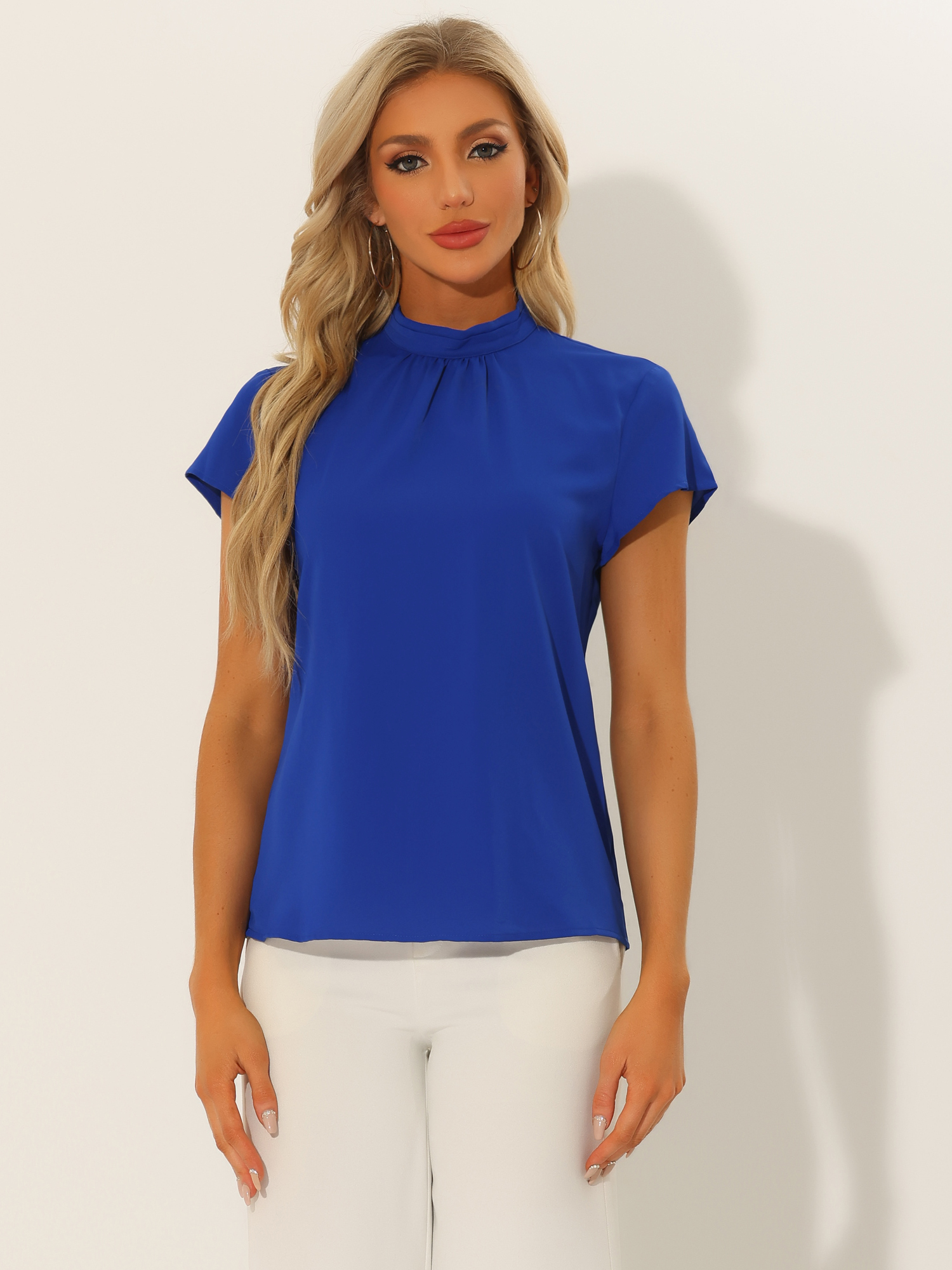 Mock Neck Work Top Cap Sleeve Pleated Front Basic Solid Blouse Royal Blue/XS