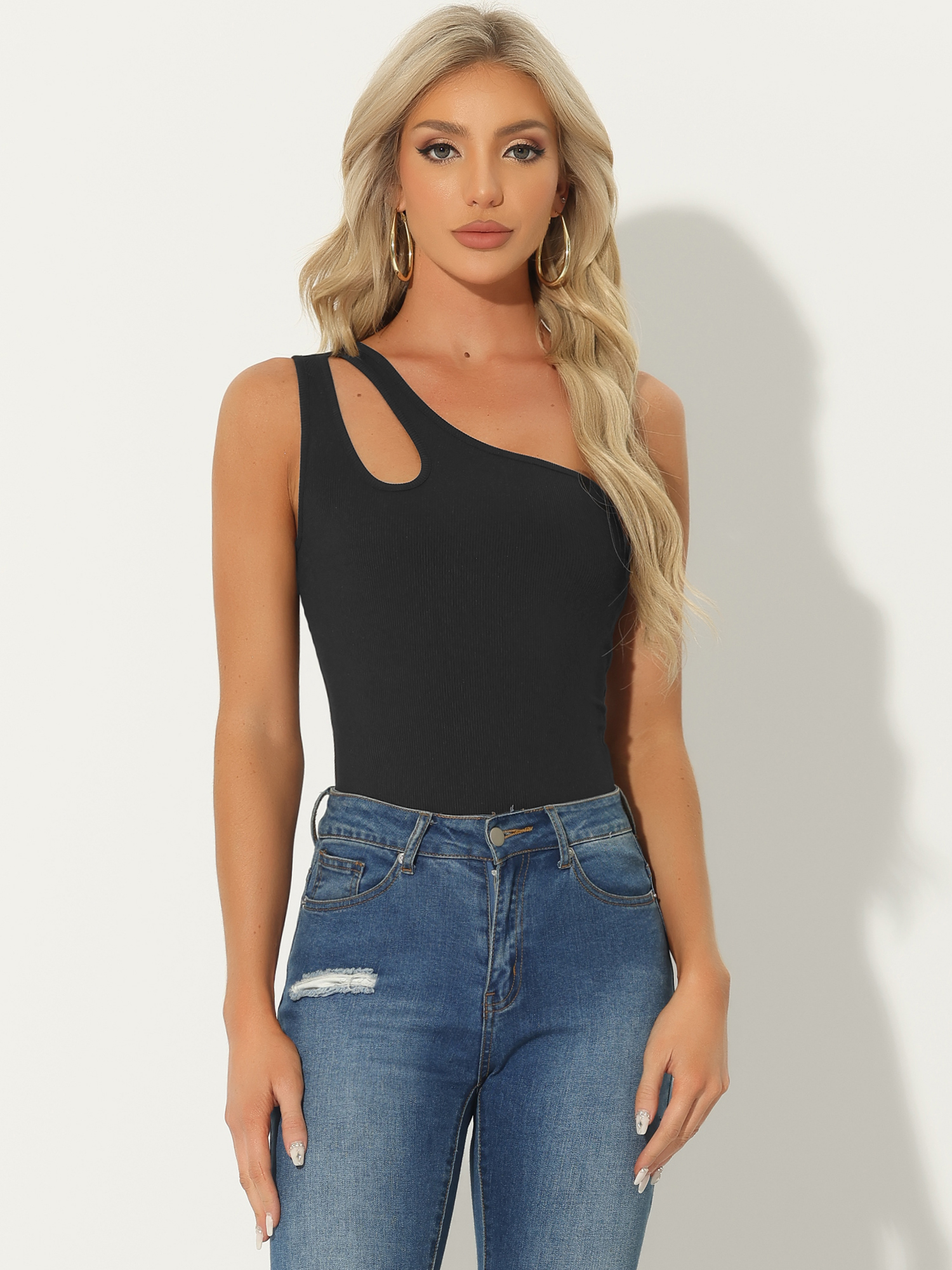 Leotard Shirt One Shoulder Ribbed Knit Slim Fit Bodysuit Tank Tops Black/M