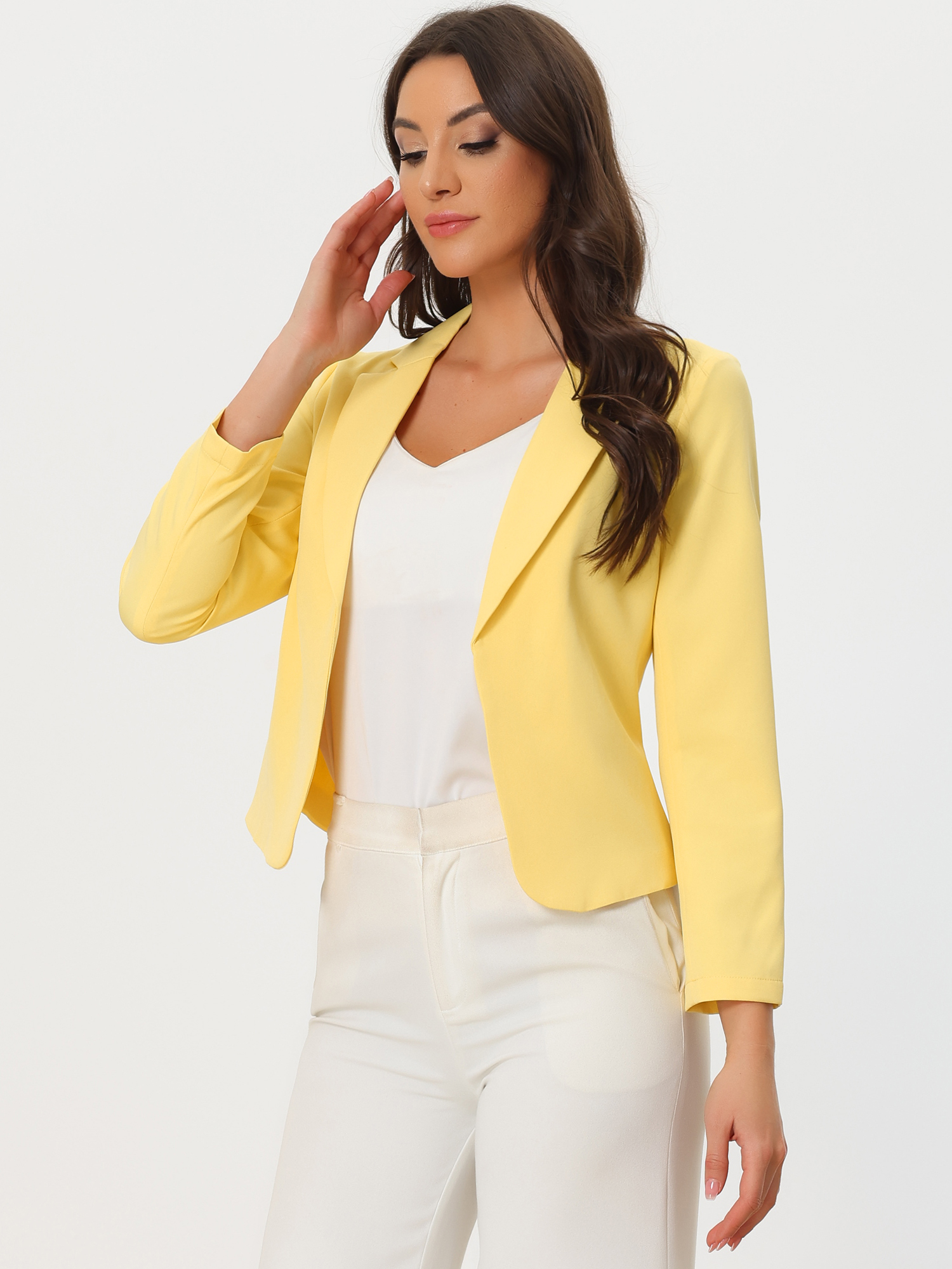Open Front Office Work Business Crop Suit Blazer Jacket Yellow/L