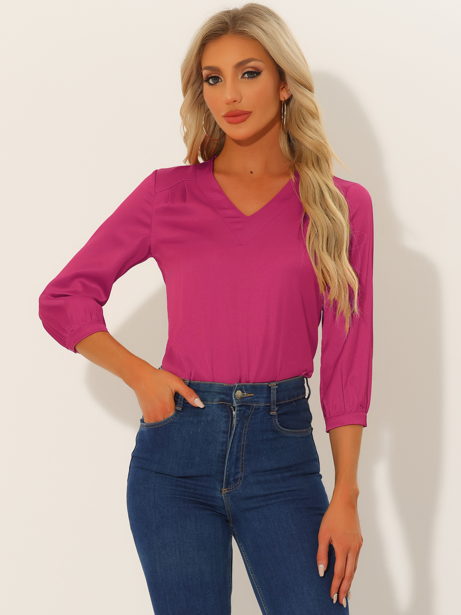 Casual Office Blouse 3/4 Sleeve V Neck Satin Shirt Fuchsia/L