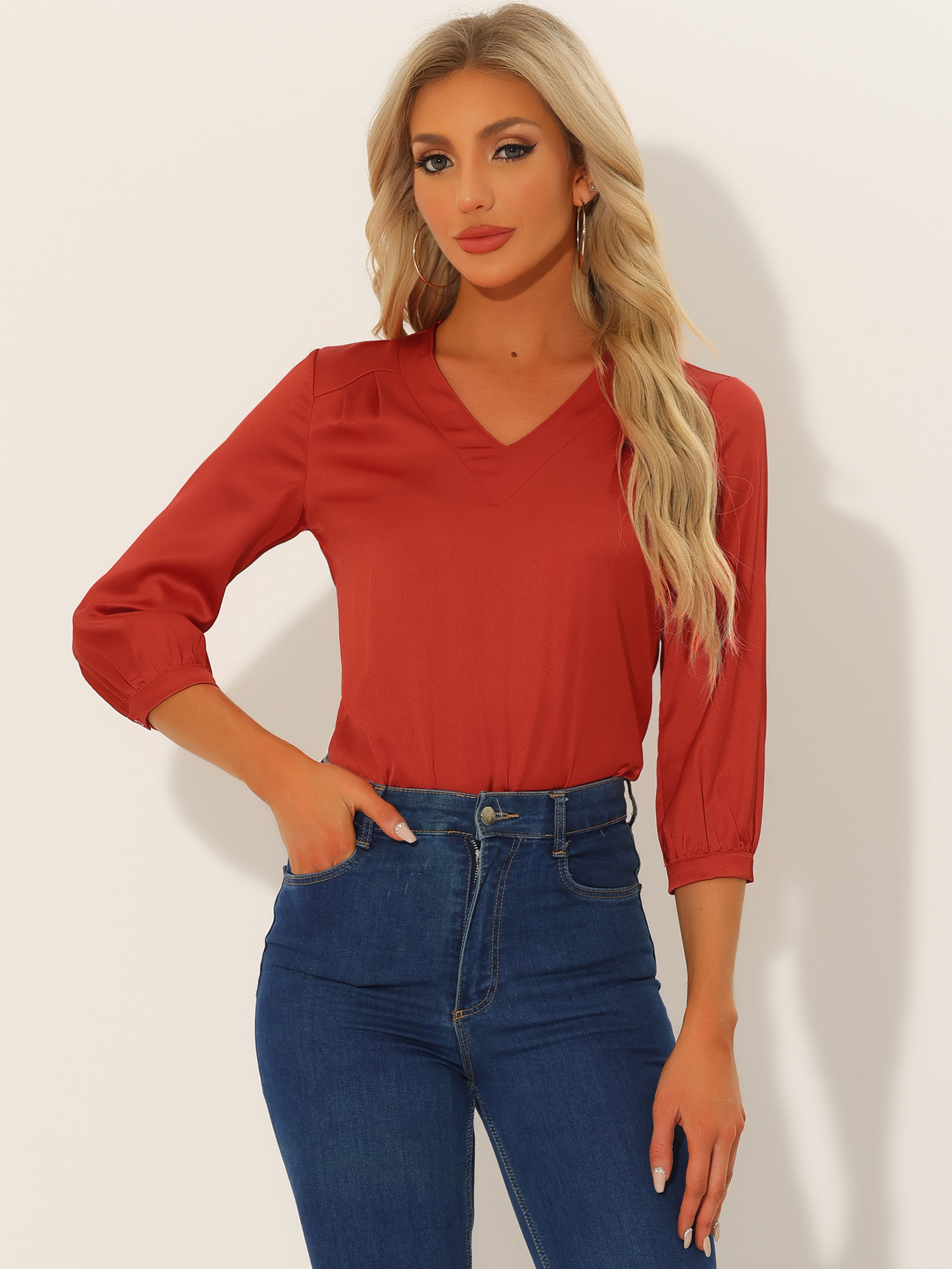 Casual Office Blouse 3/4 Sleeve V Neck Satin Shirt Red/XS