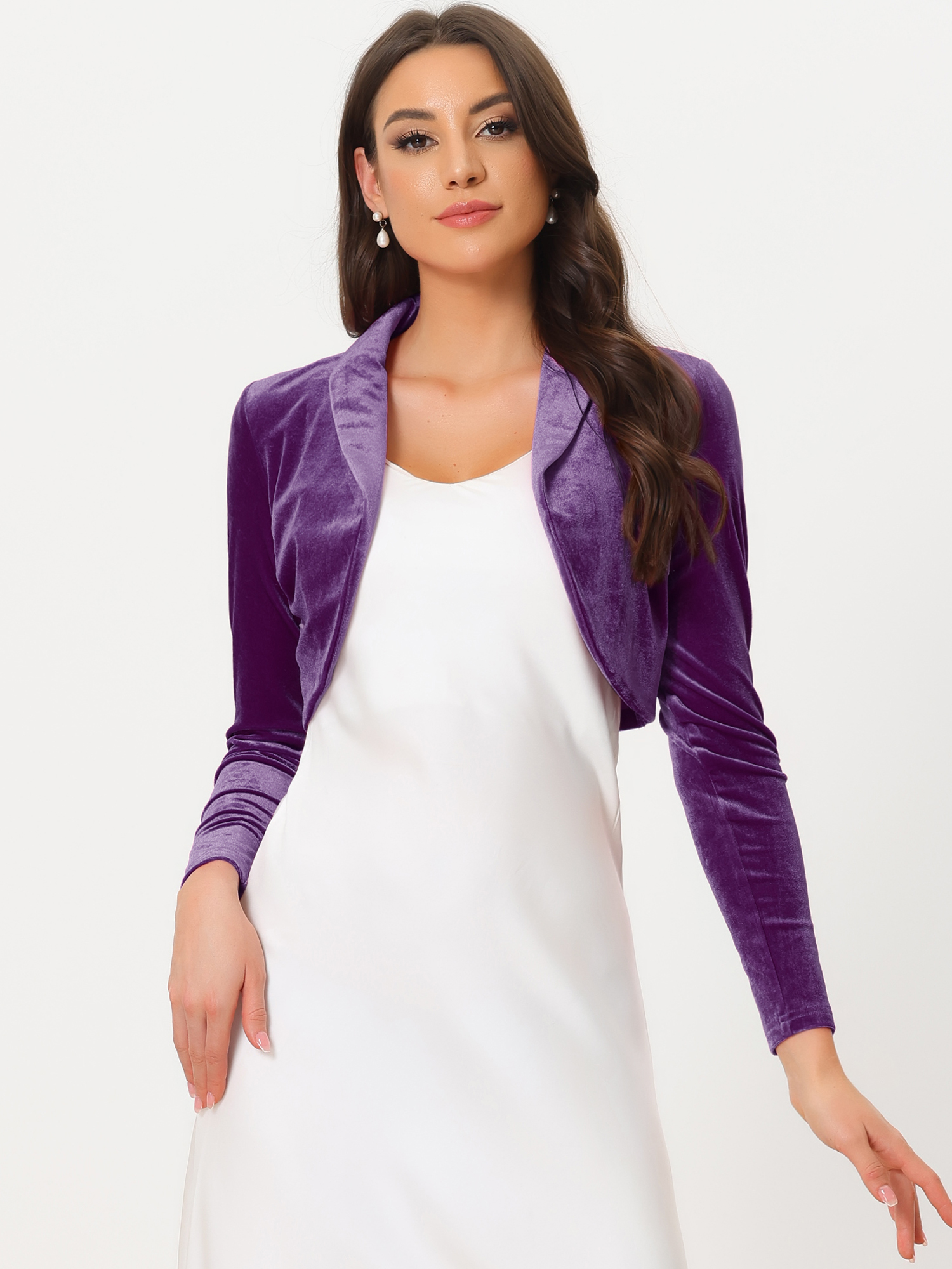 Long Sleeve Lapel Collar Velvet Open Front Cropped Bolero Shrugs Purple/XS