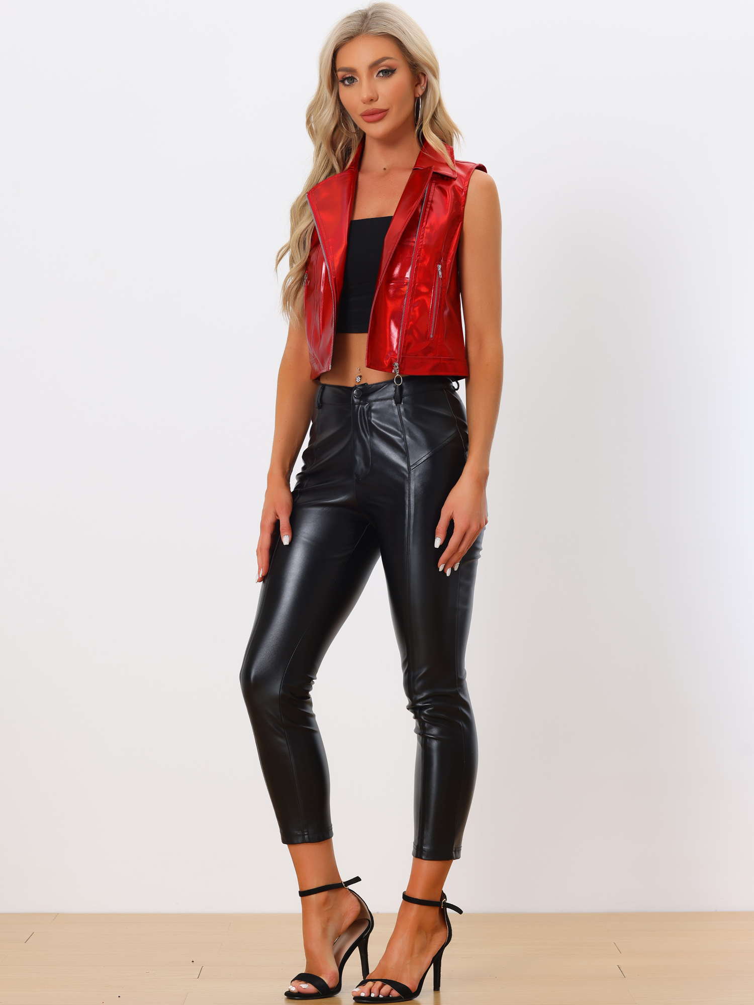 Metallic Faux Leather Vest Lapel Collar Zip Sleeveless Cropped Jacket Red/L