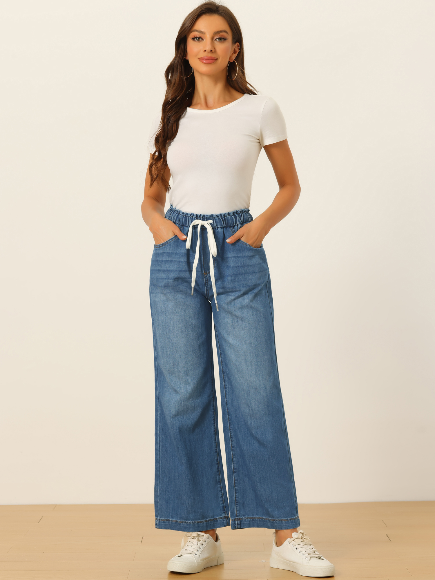 Casual Denim Pants Drawstring Elastic Waist Wide Legs Jeans Blue/XL