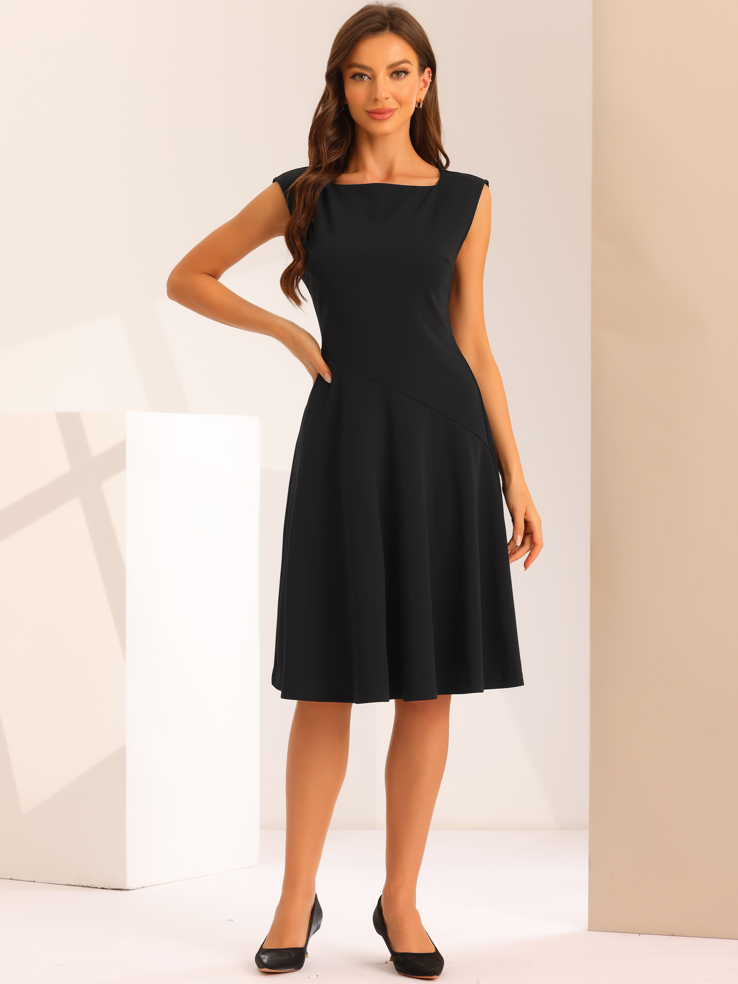Square Neck Elegant Teacher Office Sleeveless Sheath Dress Black/L