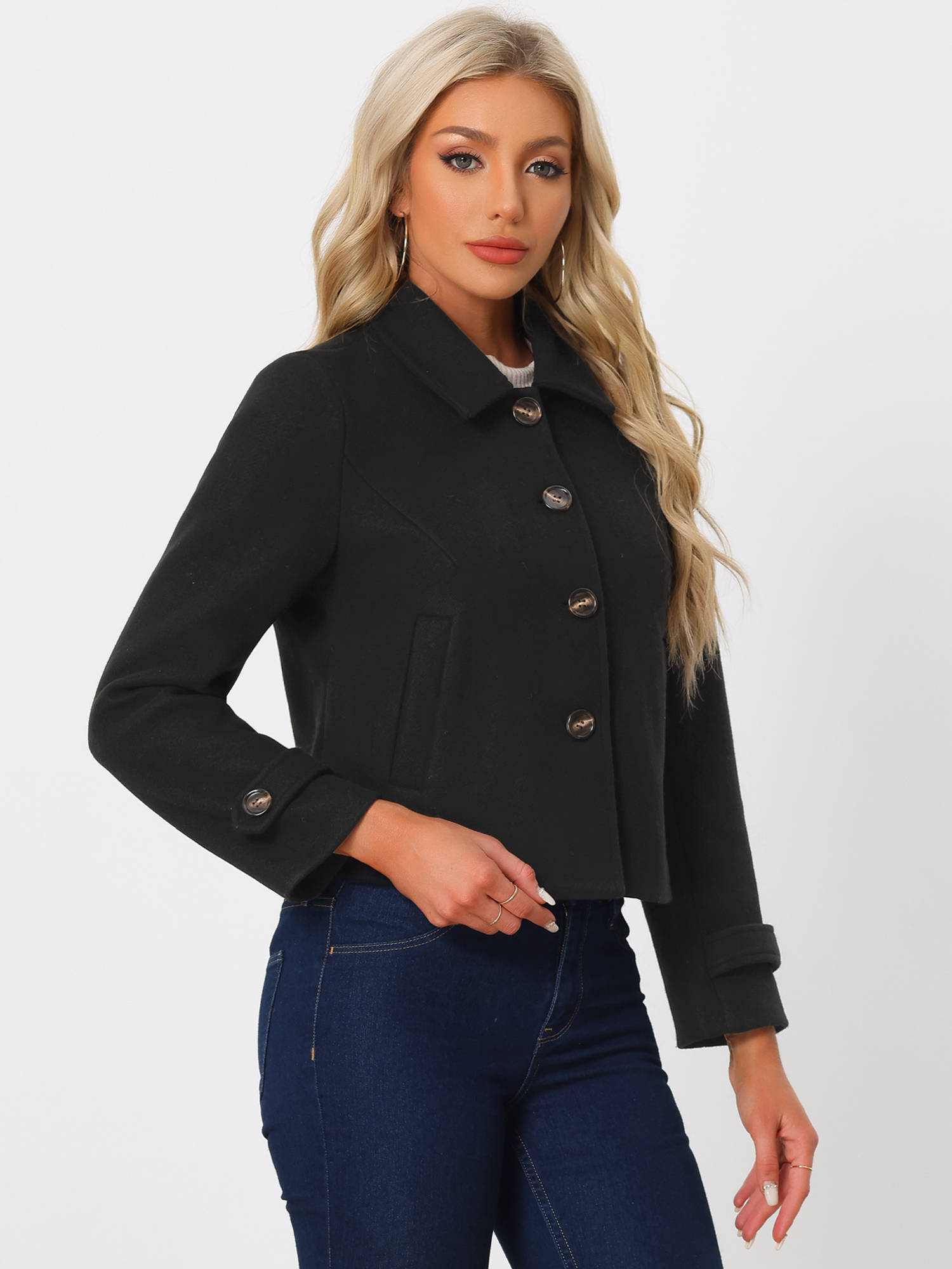Turn Down Collar Long Sleeve Single Breasted Outwear Winter Pea Coat Black/M