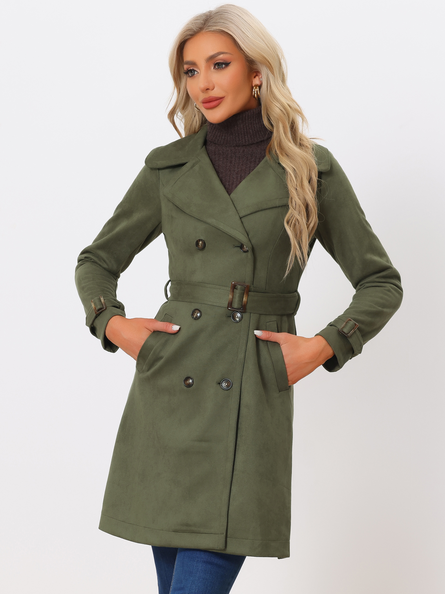 Faux Suede Notched Cuff Solid Double Breasted Tie Belt Trench Coat Army Green/S