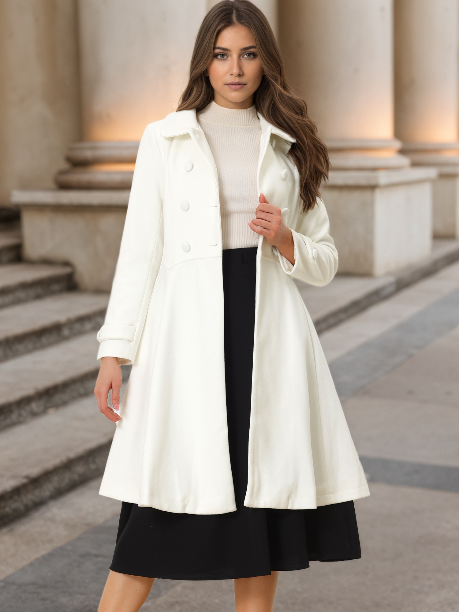Winter Overcoat Collared A Line Double Breasted Long Coat White/XS