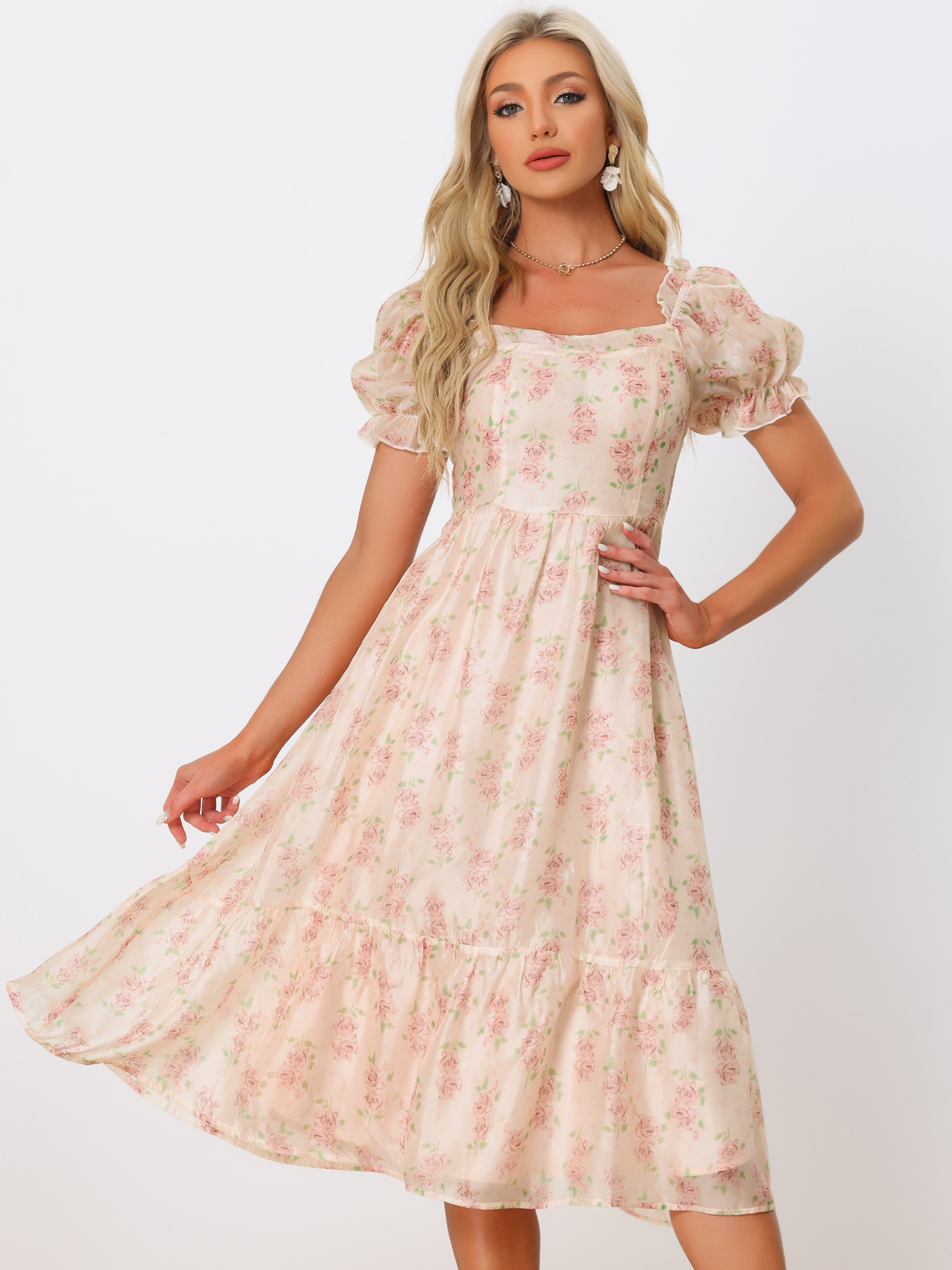 Square Neck Puff Short Sleeve Floral Organza Midi Dress Apricot/L