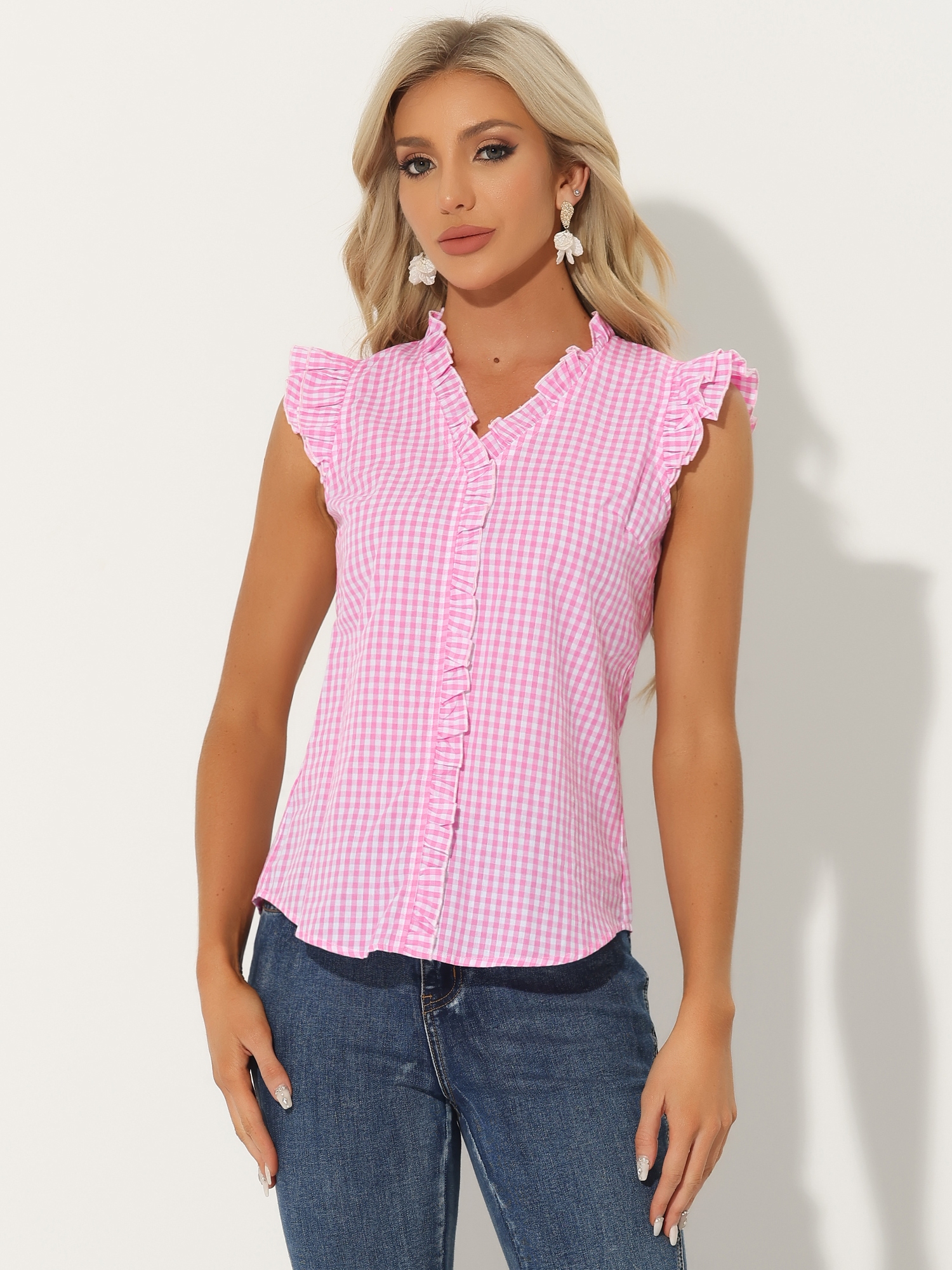 Ruffle Button Down Cap Sleeve Plaid Gingham Blouse Pink/L