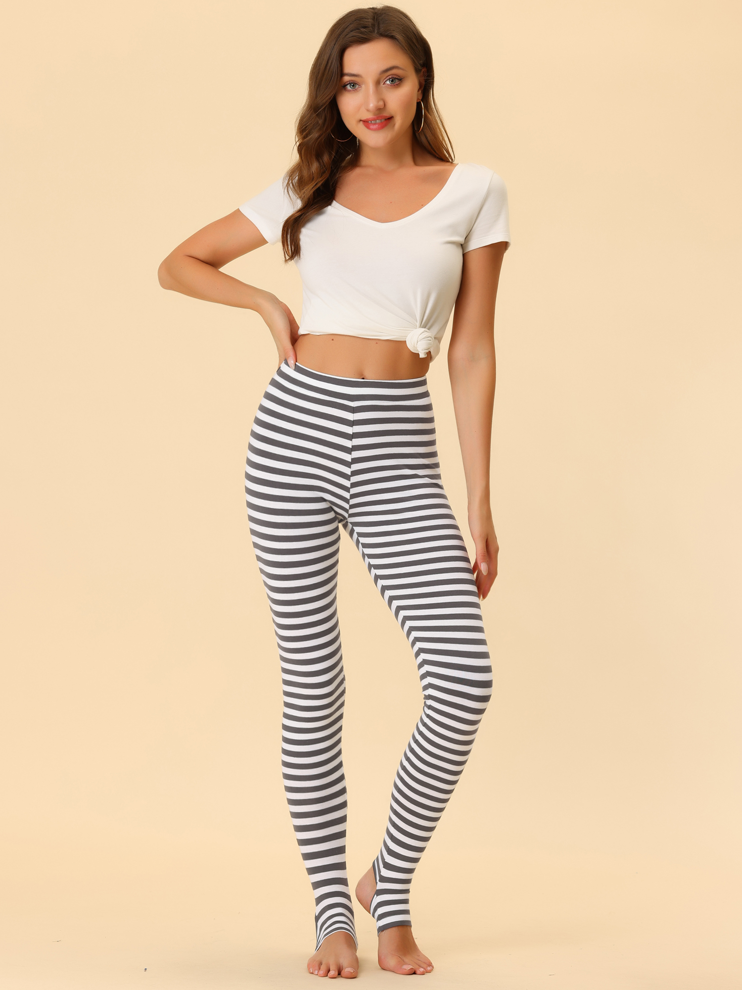 Leggings Printed Elastic Waistband Party Stirrup Yoga Pants Grey White-Stripe/2XL