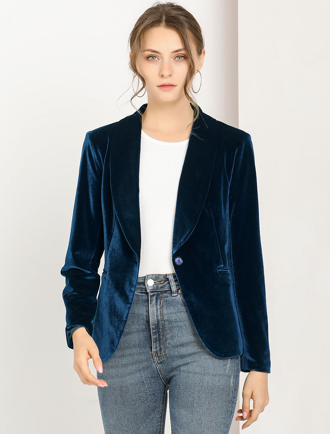 Shawl Collar Single Button Velvet Solid Office Work Jacket Blazer Deep Blue/3XL