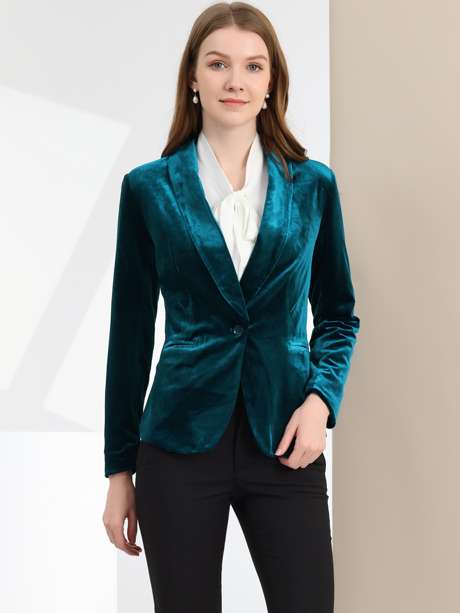 Shawl Collar Single Button Velvet Solid Office Work Jacket Blazer Lake Blue/3XL