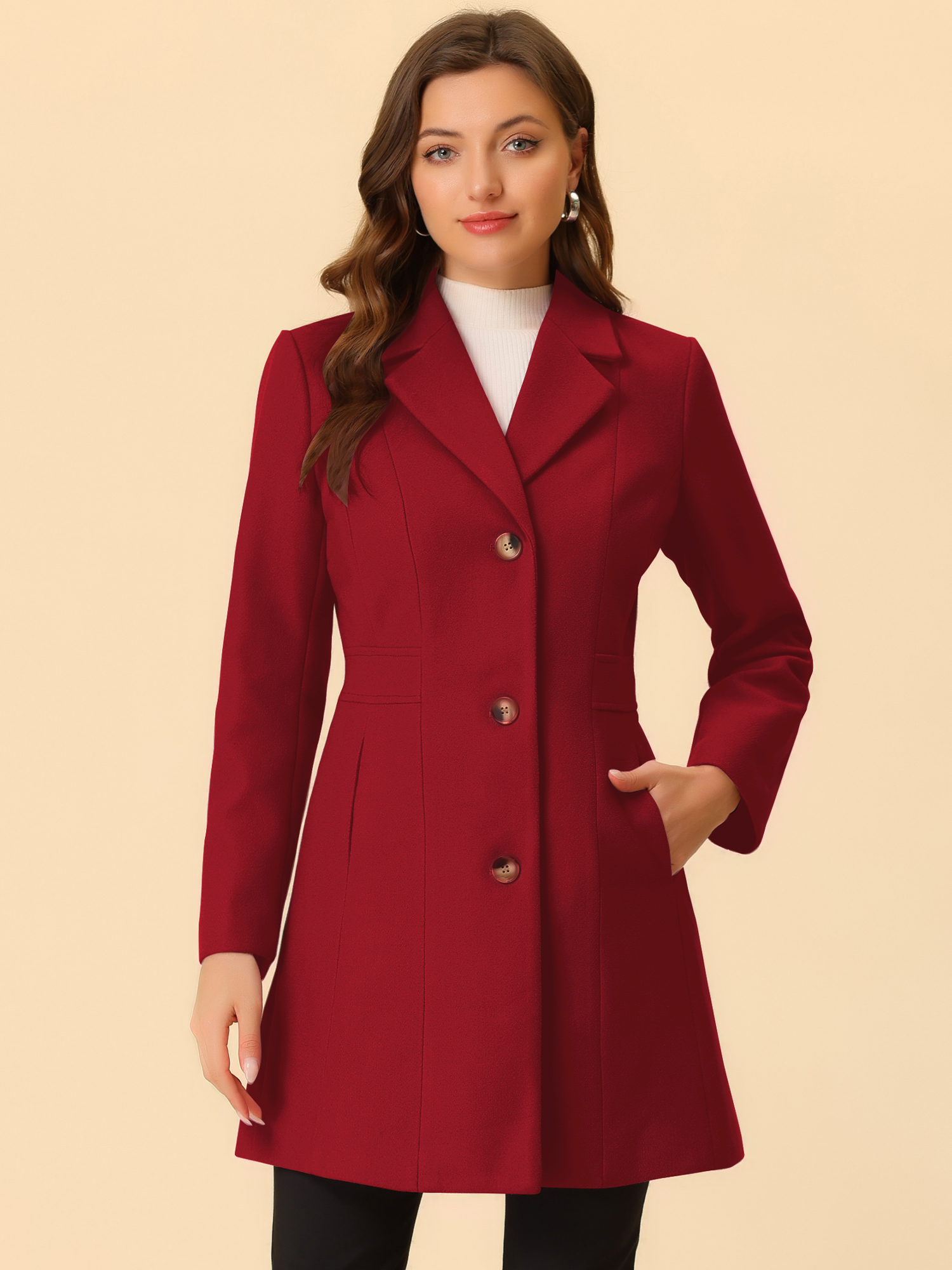 Single Breasted Notched Lapel Outerwear Winter Coats Red/2XL