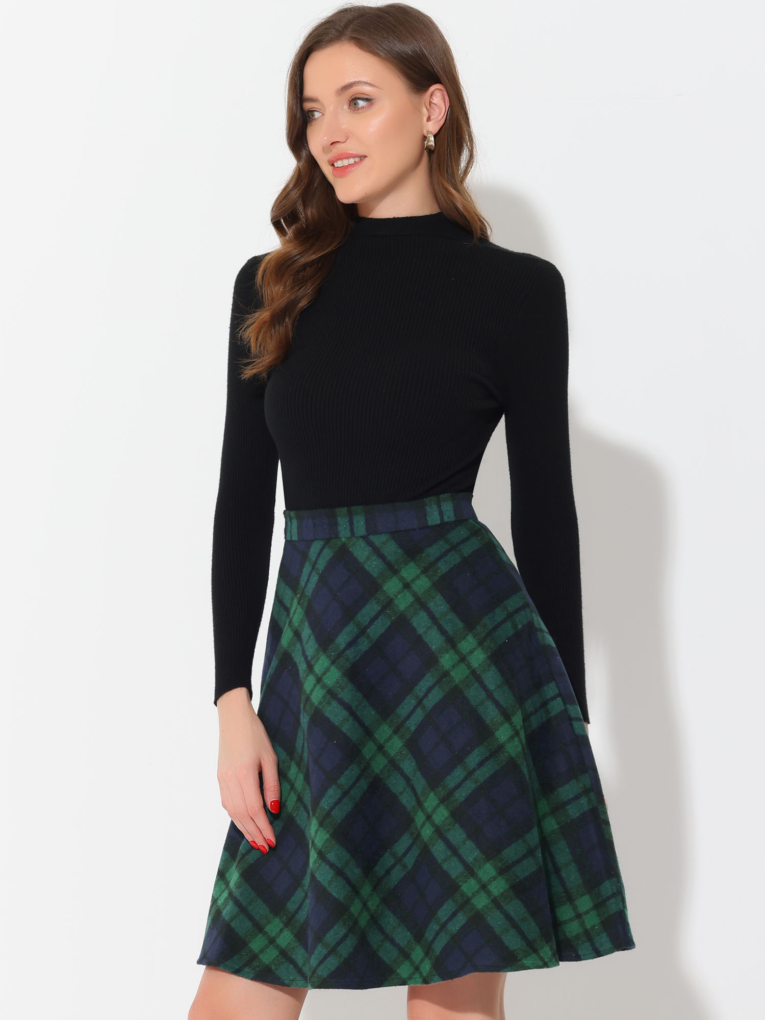 Plaid Tartan Vintage Elastic Waist Knee Length A-Line Skirt Green/2XL
