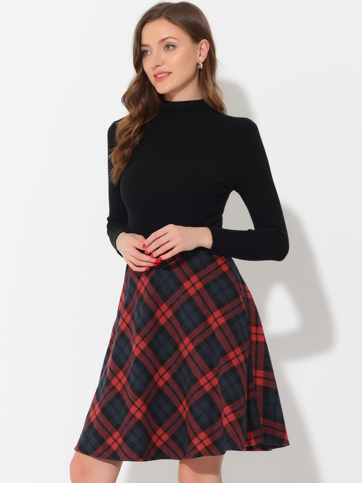 Plaid Tartan Vintage Elastic Waist Knee Length A-Line Skirt Red/3XL