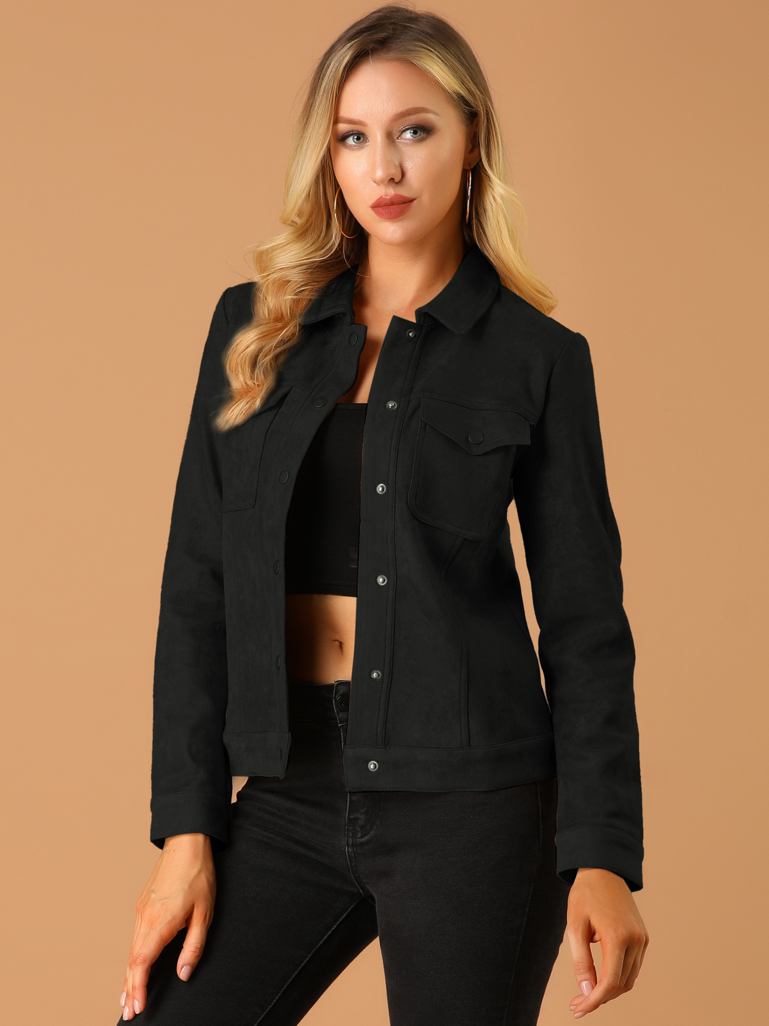 Faux Suede Turn-Down Collar Flap Pocket Snap Button Jacket Black/2XL