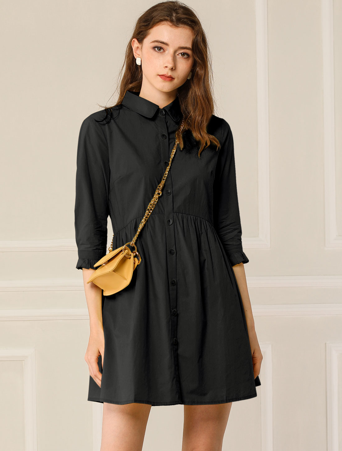 Ruched 3/4 Sleeve Button Up Casual Mini Shirt Dress Black/2XL