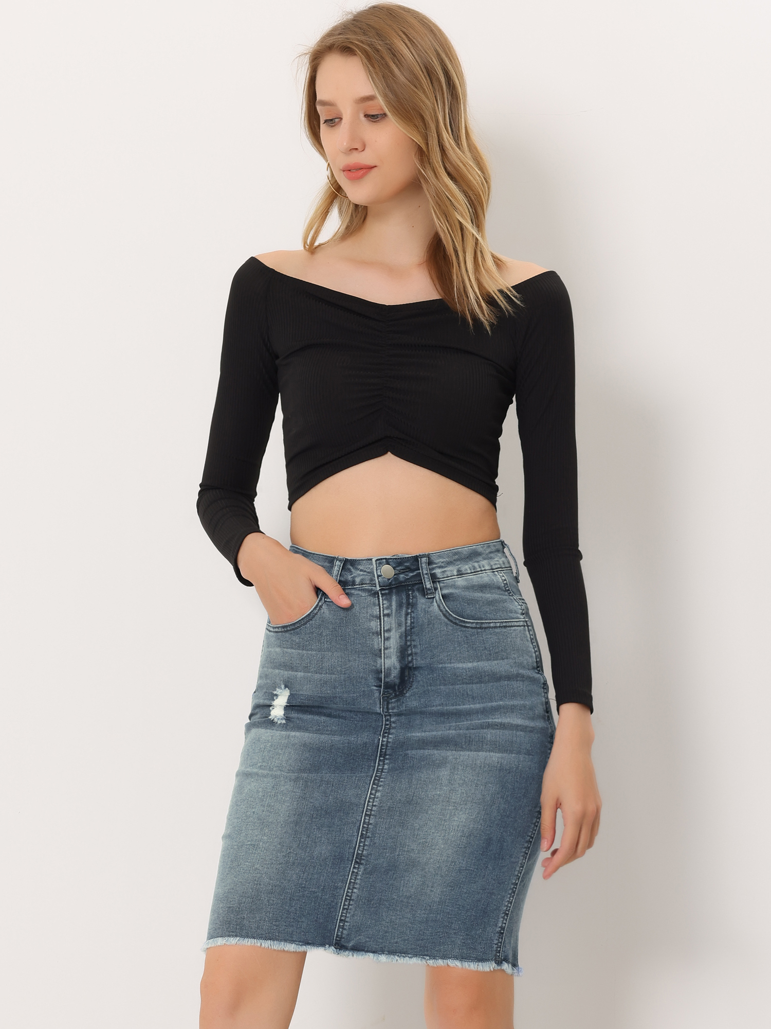 Basic Distressed High Waist Ripped Hem Washed Jeans Denim Skirt Blue Grey/2XL