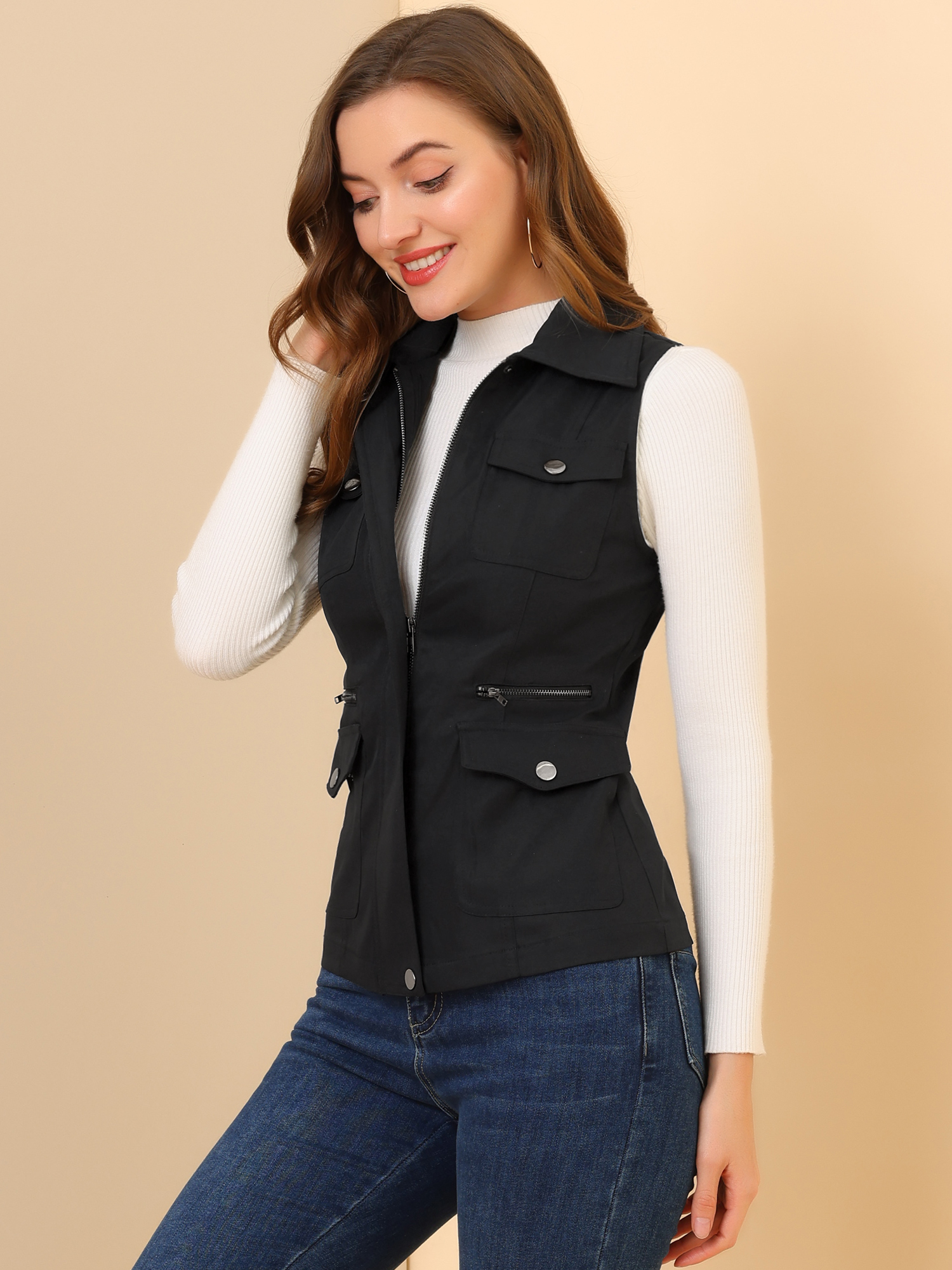 Zip Up Pockets Sleeveless Cargo Jacket Utility Vest Black/2XL