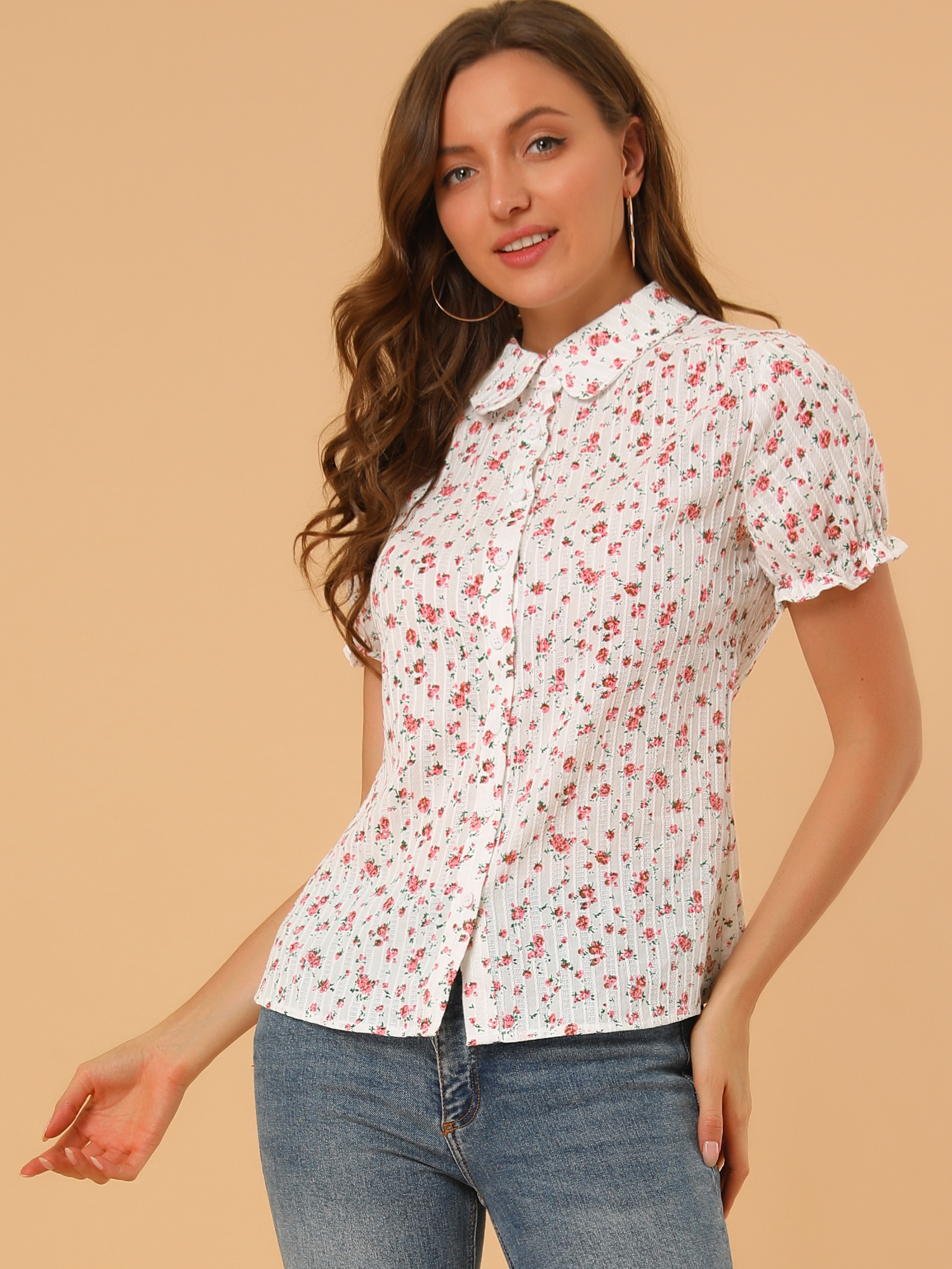 Floral Printed Peter Pan Collar Cotton Short Sleeve Shirt Pink/3XL