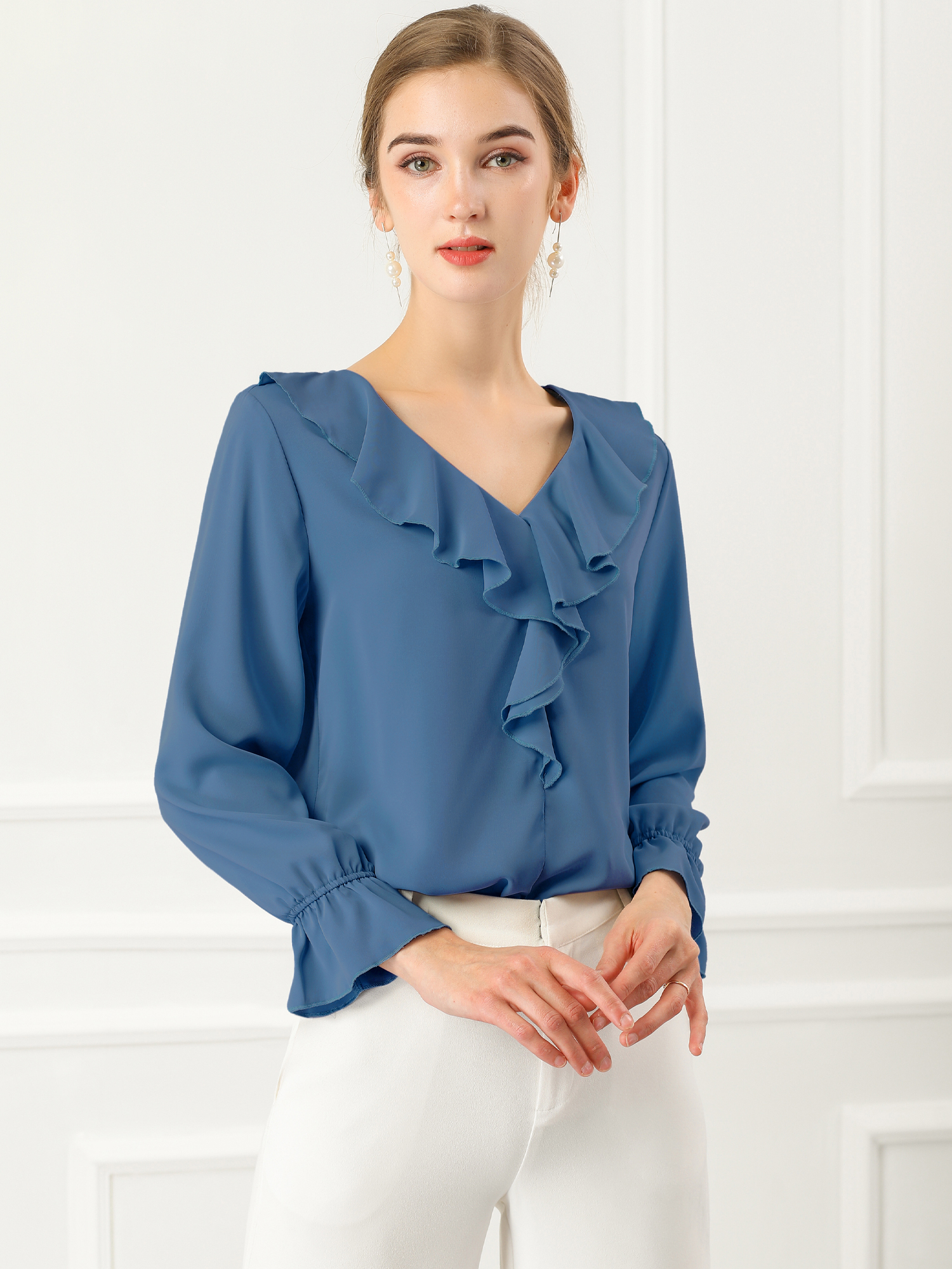 Ruffle Neck Gathered Cuff Long Sleeves Blouse Dusty Blue/2XL