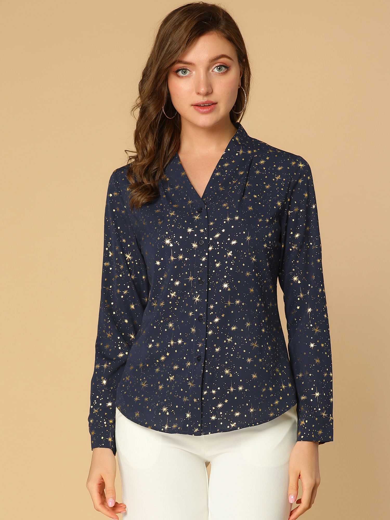 Woven Straight Line Matellic Stars Lapel Long Sleeve Shirt Dark Blue/2XL