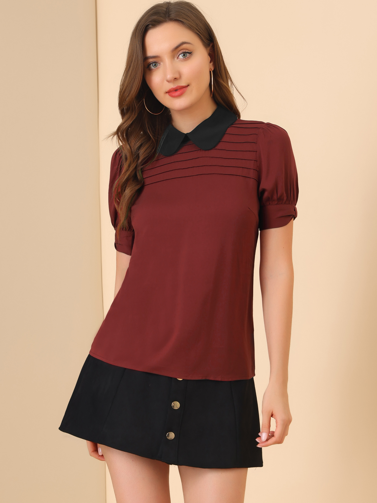 Pleated Contrast Peter Pan Collar Puff Short Sleeve Blouse Burgundy/3XL
