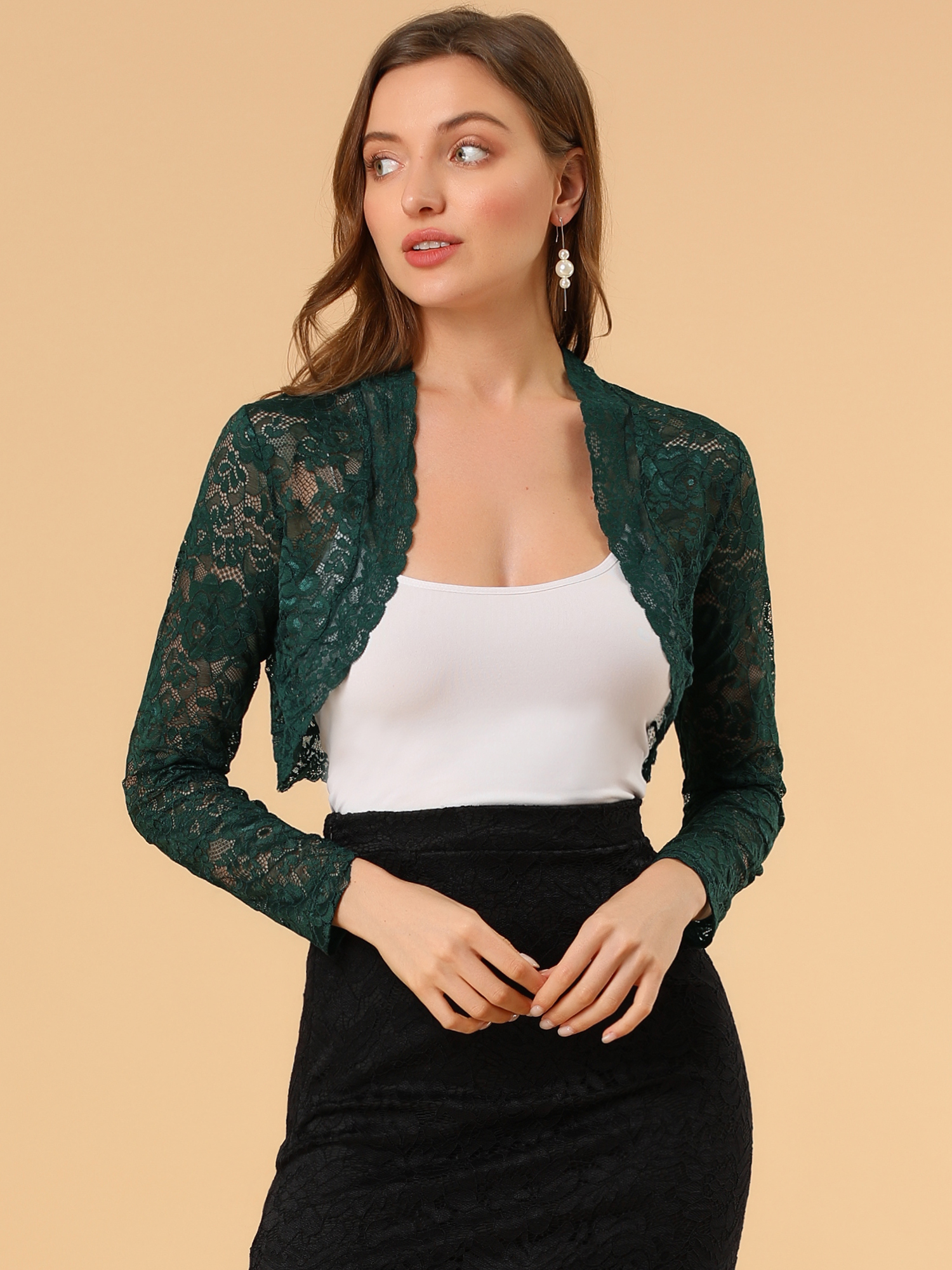 Elegant Sheer Floral Lace Cropped Bolero Shrugs Green/2XL