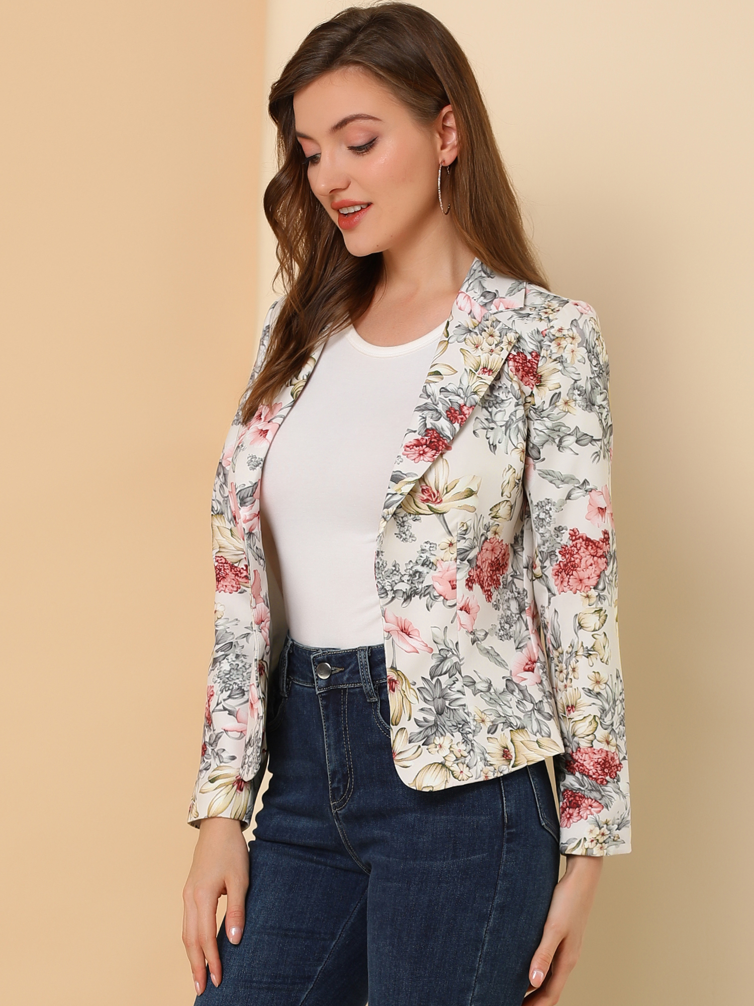 Open Front Notch Lapel Floral Business Casual Suit Blazer Beige-Floral/2XL