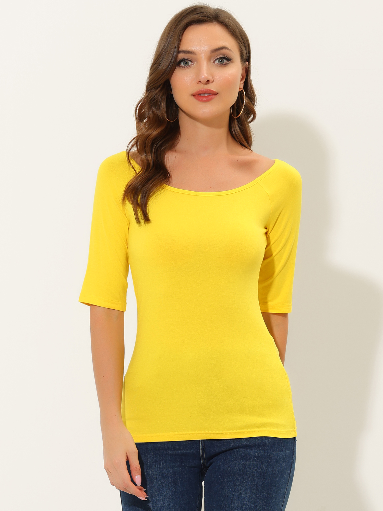 Scoop Neck Half Sleeves Fitted Layering Soft T-Shirt Lemon Yellow/3XL