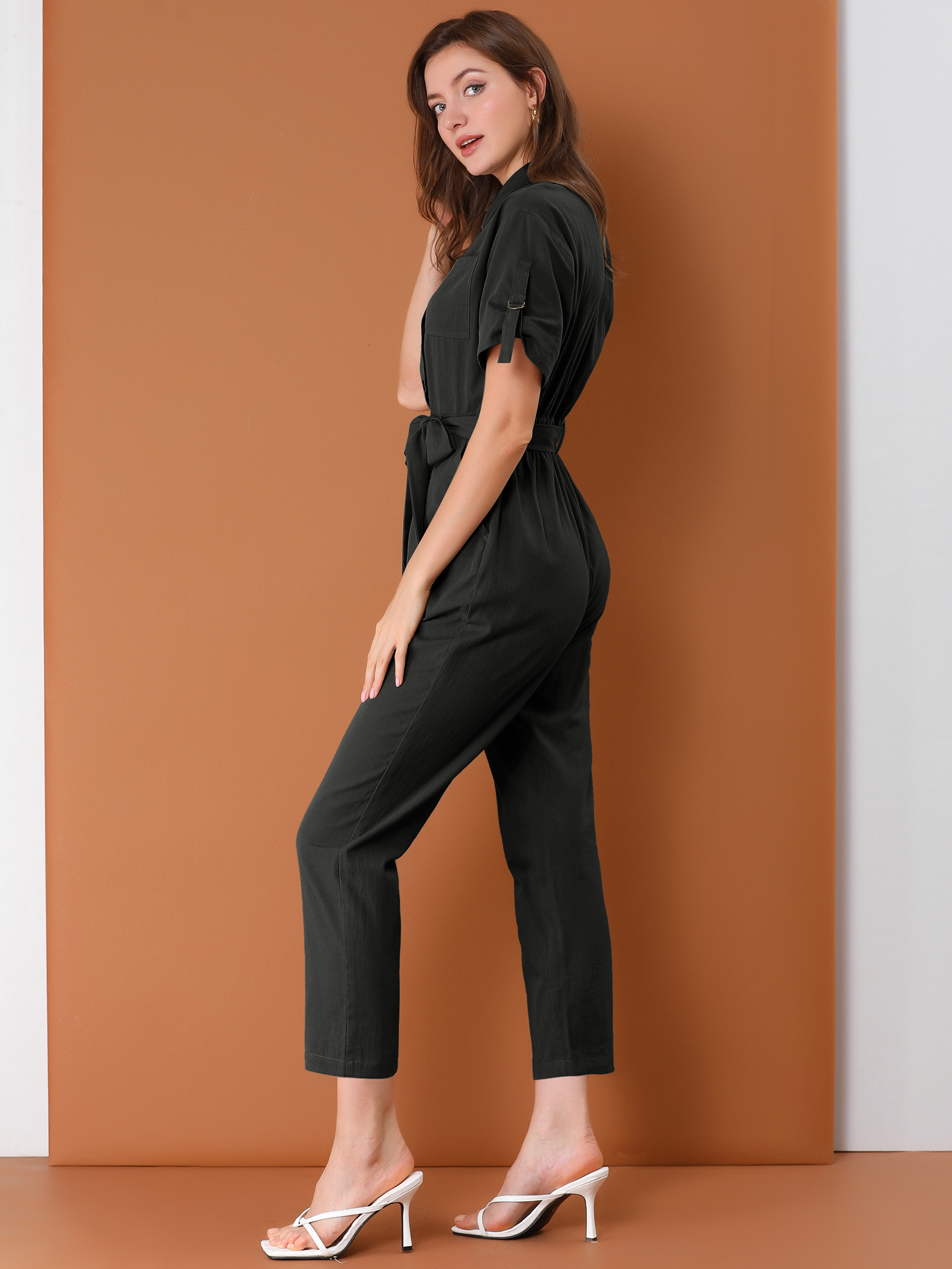 Short Sleeve Button Down Belted Tie Waist Cotton Cargo Jumpsuit Black/2XL