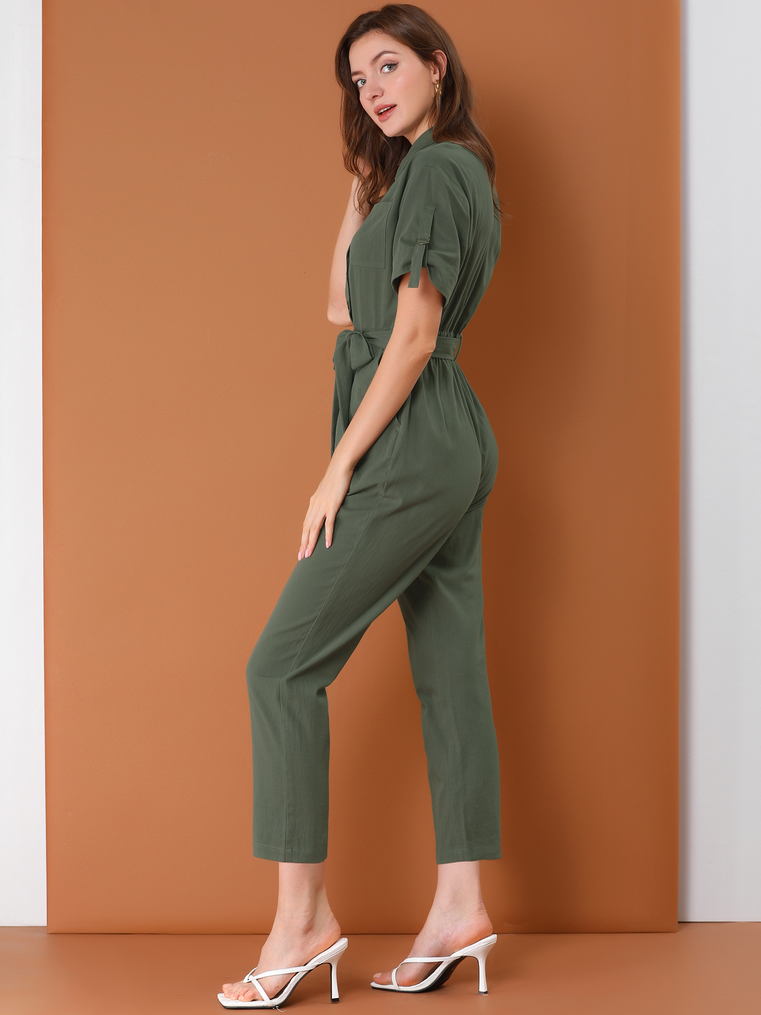 Short Sleeve Button Down Belted Tie Waist Cotton Cargo Jumpsuit Green/3XL