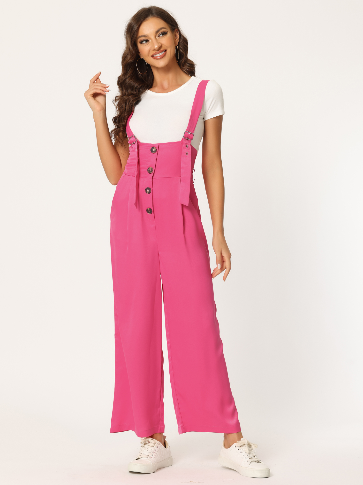 High Waist Wide Leg Belted Jumpsuit Button Long Overalls Rose Red/XL