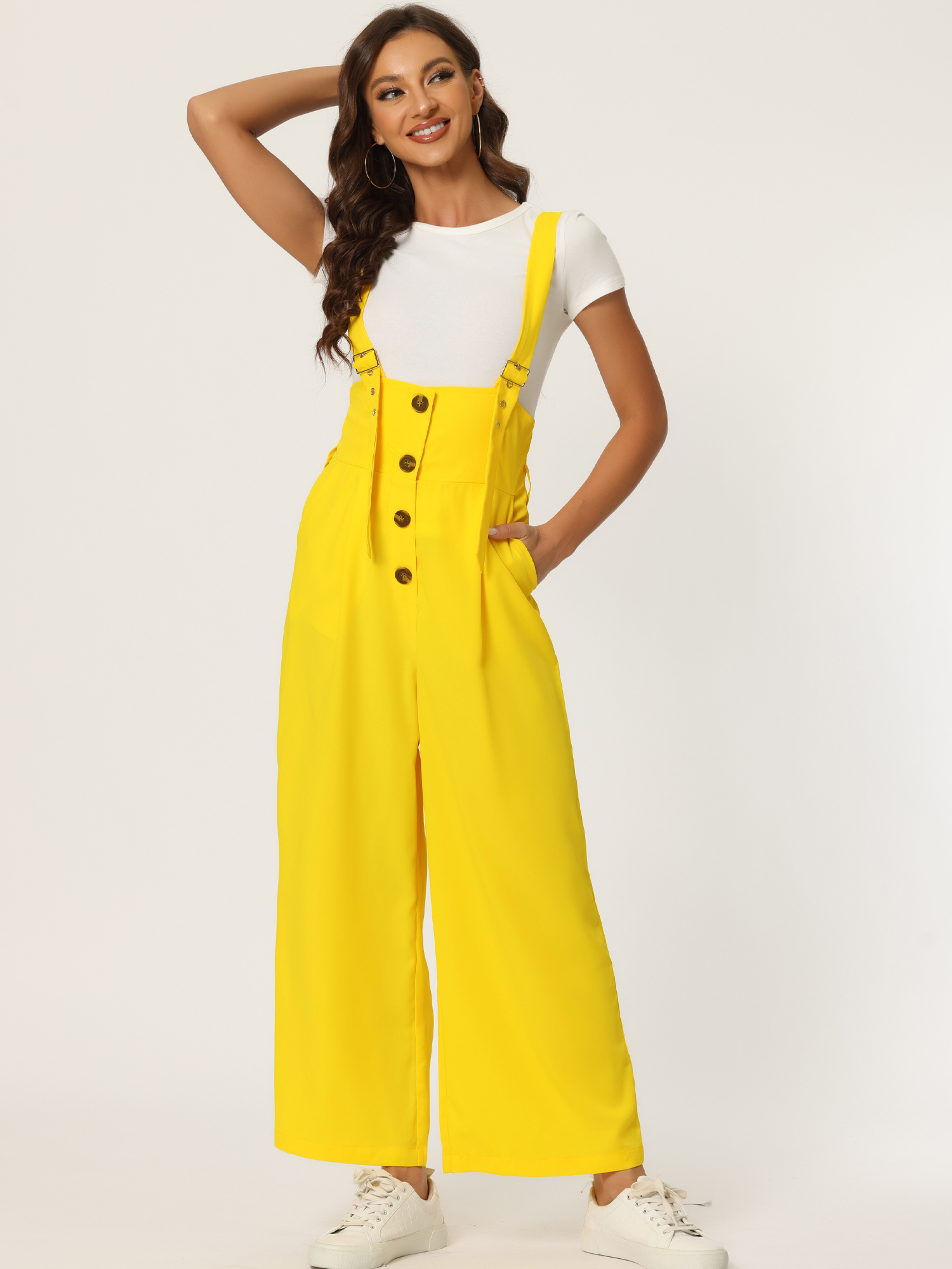 High Waist Wide Leg Belted Jumpsuit Button Long Overalls Light Yellow/S